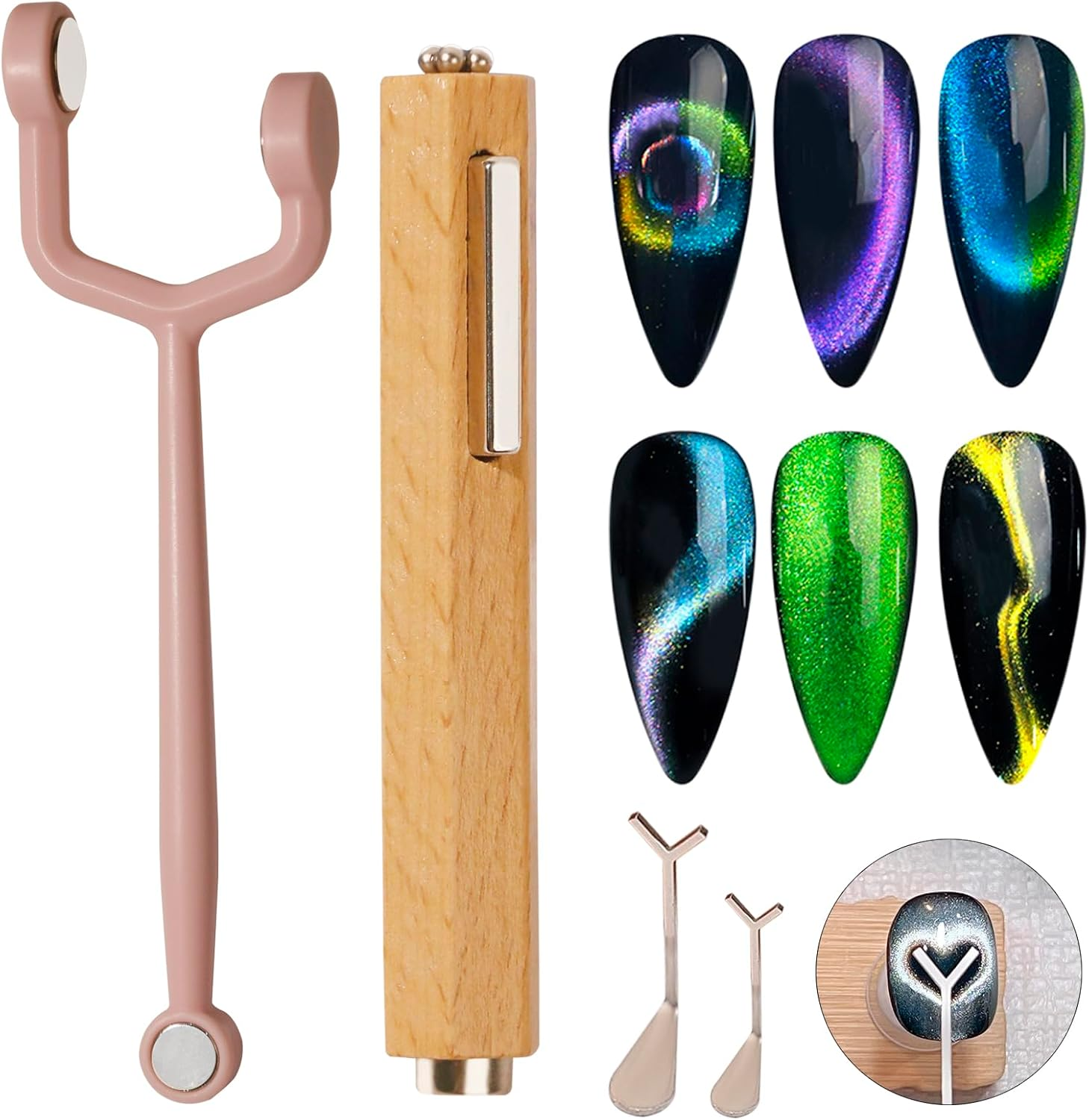 Dr.Nail Cat Eye Magnet for Nails, 3 in 1 Wooden Handle Nail Magnet, Multifunctional Y-Shaped Double Head Magnetic Gel Nail Polish Art Design Tools, 2Pcs Guide for Heart Cat Eye Magnet,Salon & Home Use image number 5