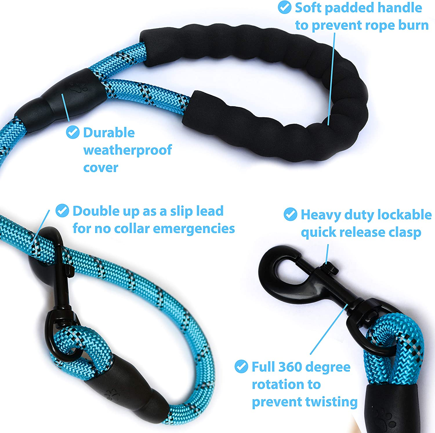 Zenify Pets Dog Lead - Durable Strong Chew Resistant Slip Lead Nylon Rope Padded Handle Mountain Climbing Harness Pet Puppy Training Slipknot Leash for Walking [1.2Cm Thick 183Cm Long] (Blue 6Ft)&hellip; image number 3