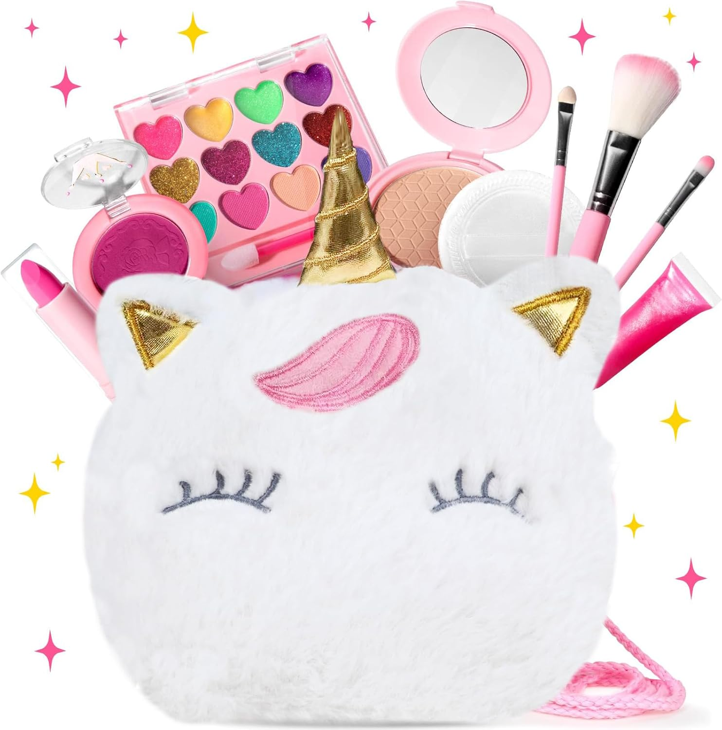 MOTYYA Kids Real Makeup Kit for Girls, Non Toxic, Washable Make up Set with Mini Coin Purse Cute Umicorn Princess Toys for 3 4 5 6 7 8 9 10 12 Years Old Little Girls Birthday Gift(White)