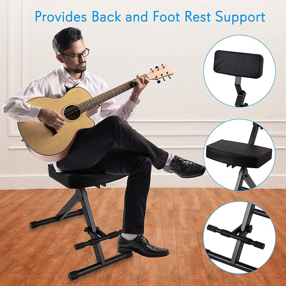 Portable Adjustable Musician Performer Stool - Folding Musicians Performance Chair, Drum Guitarist Keyboard Throne W/ Adjustable Padded Cushion Seat and Back, Foot Rest - Pyle PKST70