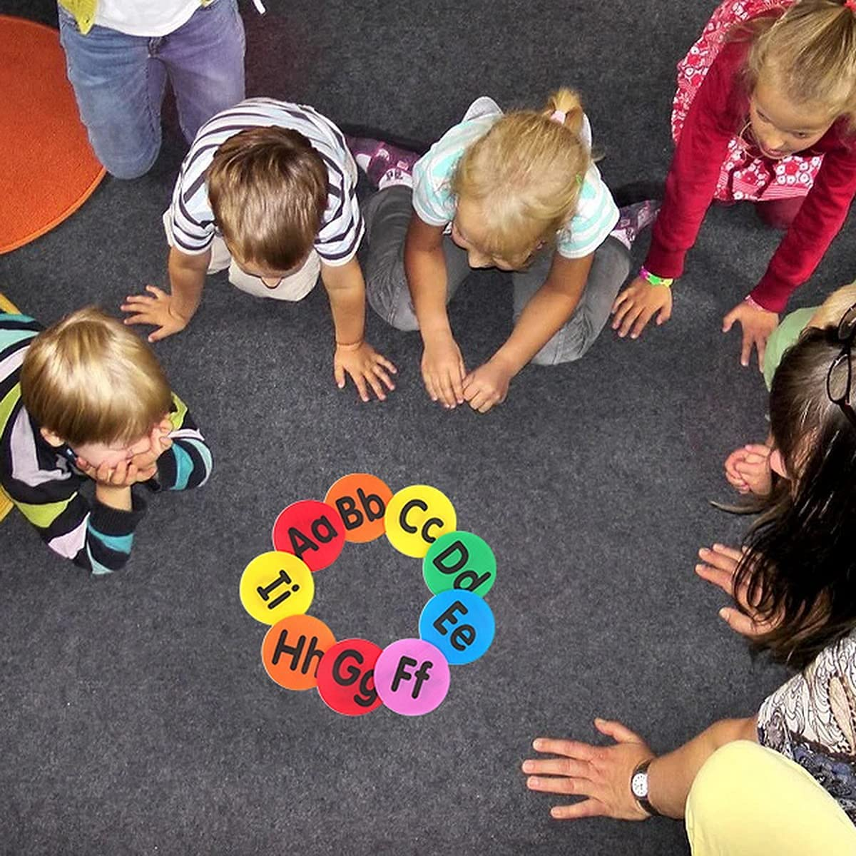 VANANA 26 Pieces English Alphabet Letter Carpet Sticker Sit Magic round Shape Marker Circles Dot for Preschool Kindergarten Game Classroom image number 2
