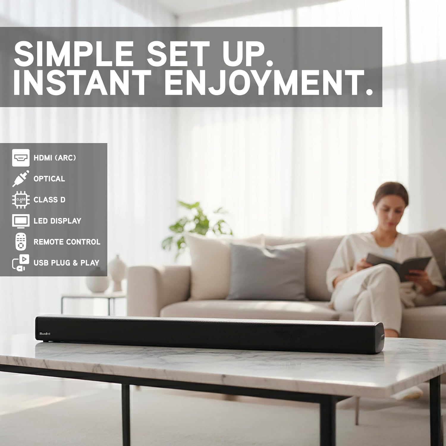 Blueant XT120 Soundbar with Internal Subwoofer, 120W Dolby Digital Surround Sound, HDMI ARC, Optical & Bluetooth, Sleek Under-Tv Home Theatre Audio System with EQ Modes image number 6