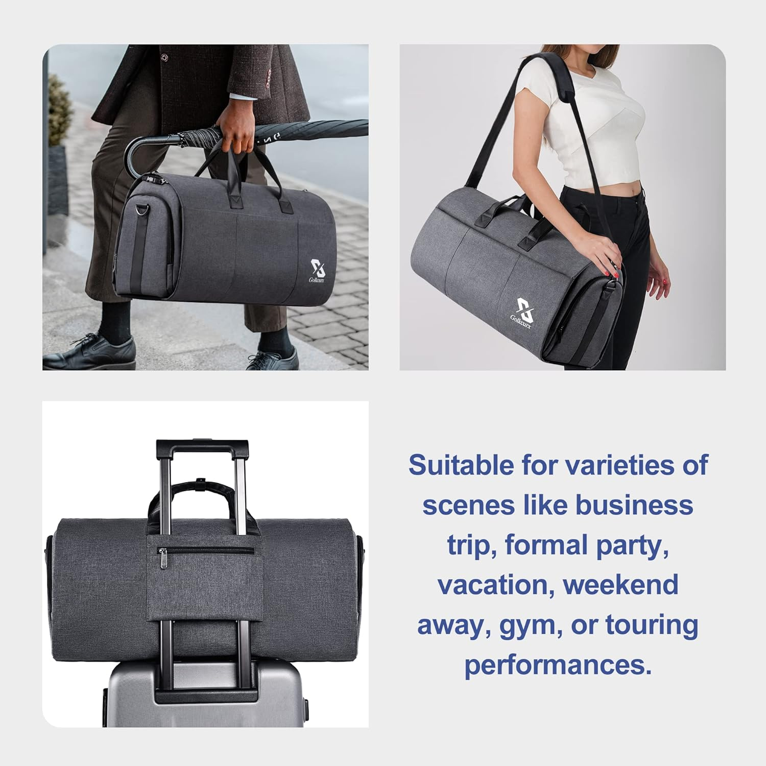 Golkcurx Convertible Garment Bag for Travel,Carry on Garment Duffle Bag with Shoe Compartment, Detachable Shoulder Strap - 2 in 1 ， for Men Women, Black, 21.3 X 13 X 11 Inches image number 4