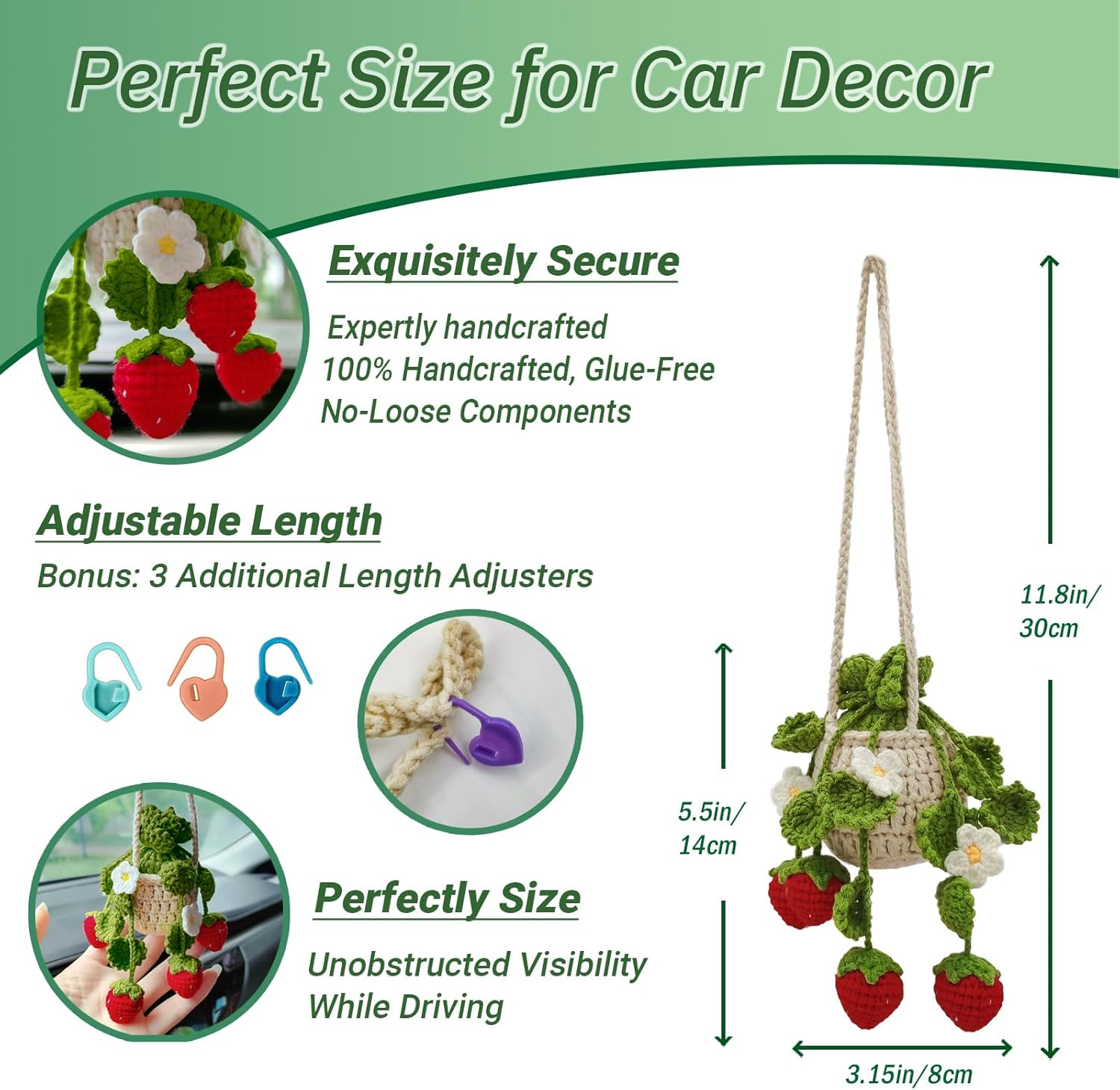 Crochet Hanging Plant for Car Decorations Interior,Cute Plant Strawberry Aesthetic Car Ornaments Charms Accessories for Rear View Mirror - Cutout Leaves image number 2