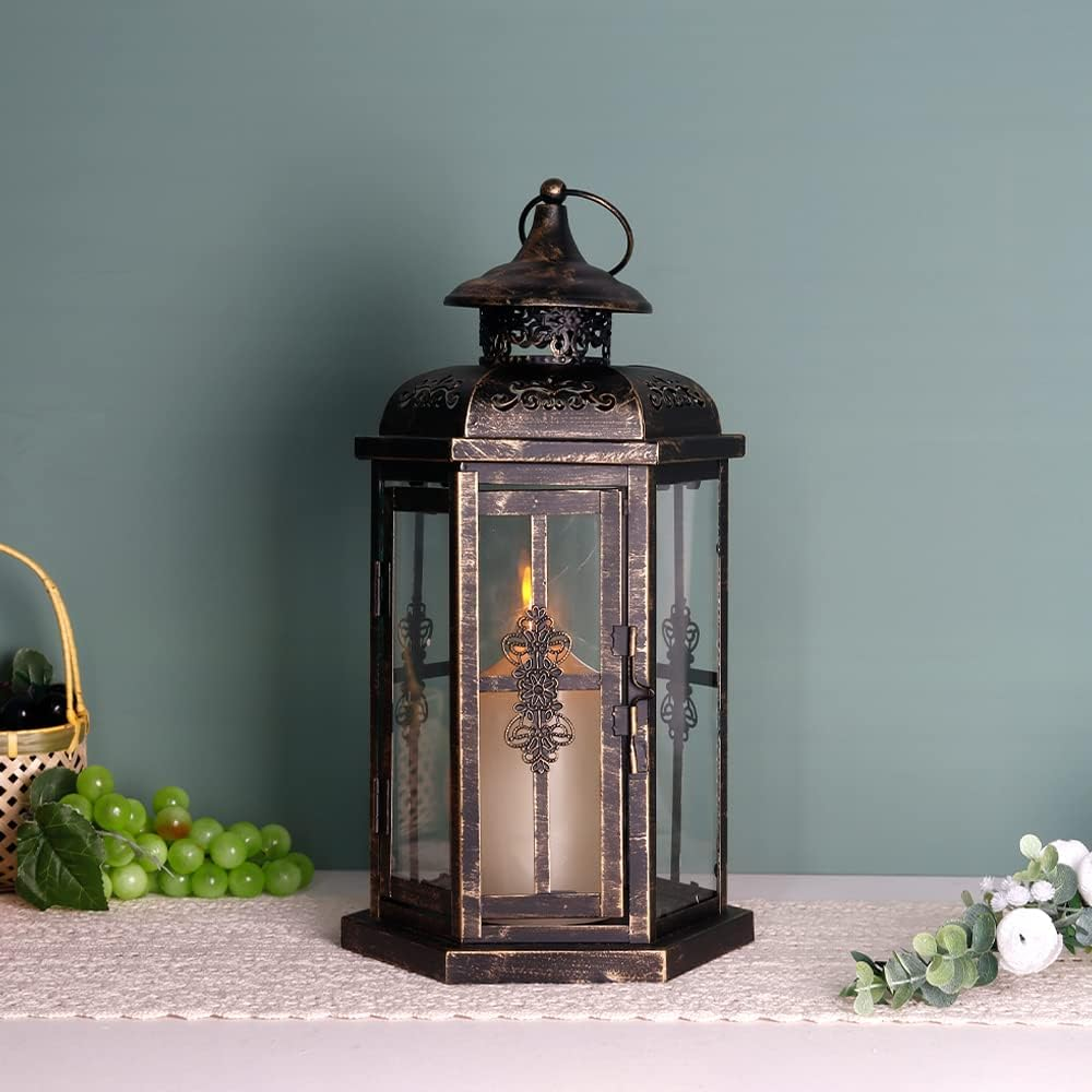 JHY DESIGN Medium Decorative Lanterns 12&ldquo;H Outdoor Candle Lanterns Vintage Metal Candle Holder for Indoor Outdoor, Events, Parities and Weddings(Black with Gold Brush) image number 6