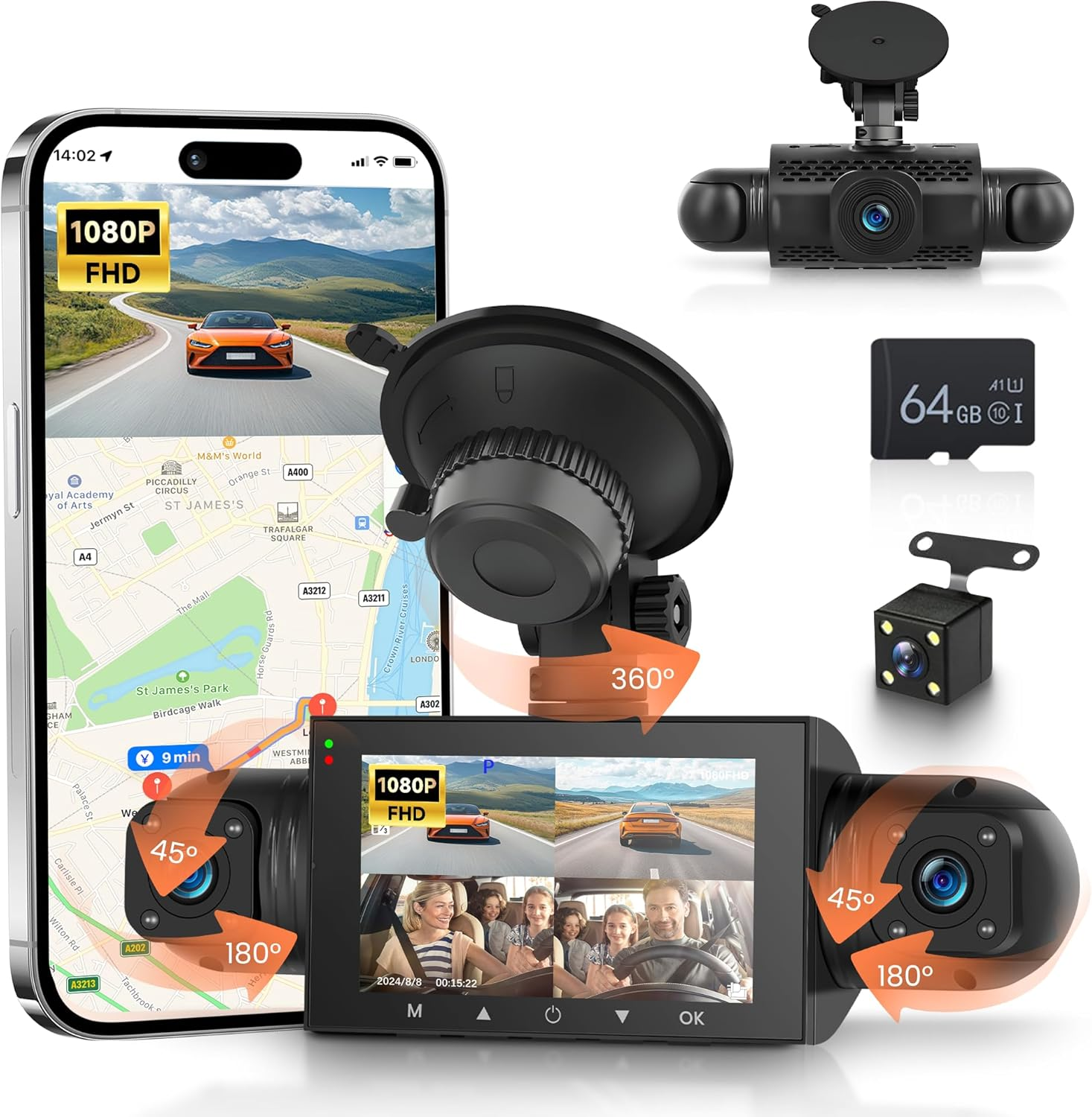 Wifi Dash Cam 4 Channel 360&deg; Car Recorder Front and Rear inside Side, 3 Inch 1080P DVR Camera with 480 Rear Pull + G-Sensor, Rearview, Night Visio, Loop Record, 24H Parking Watch image number 5