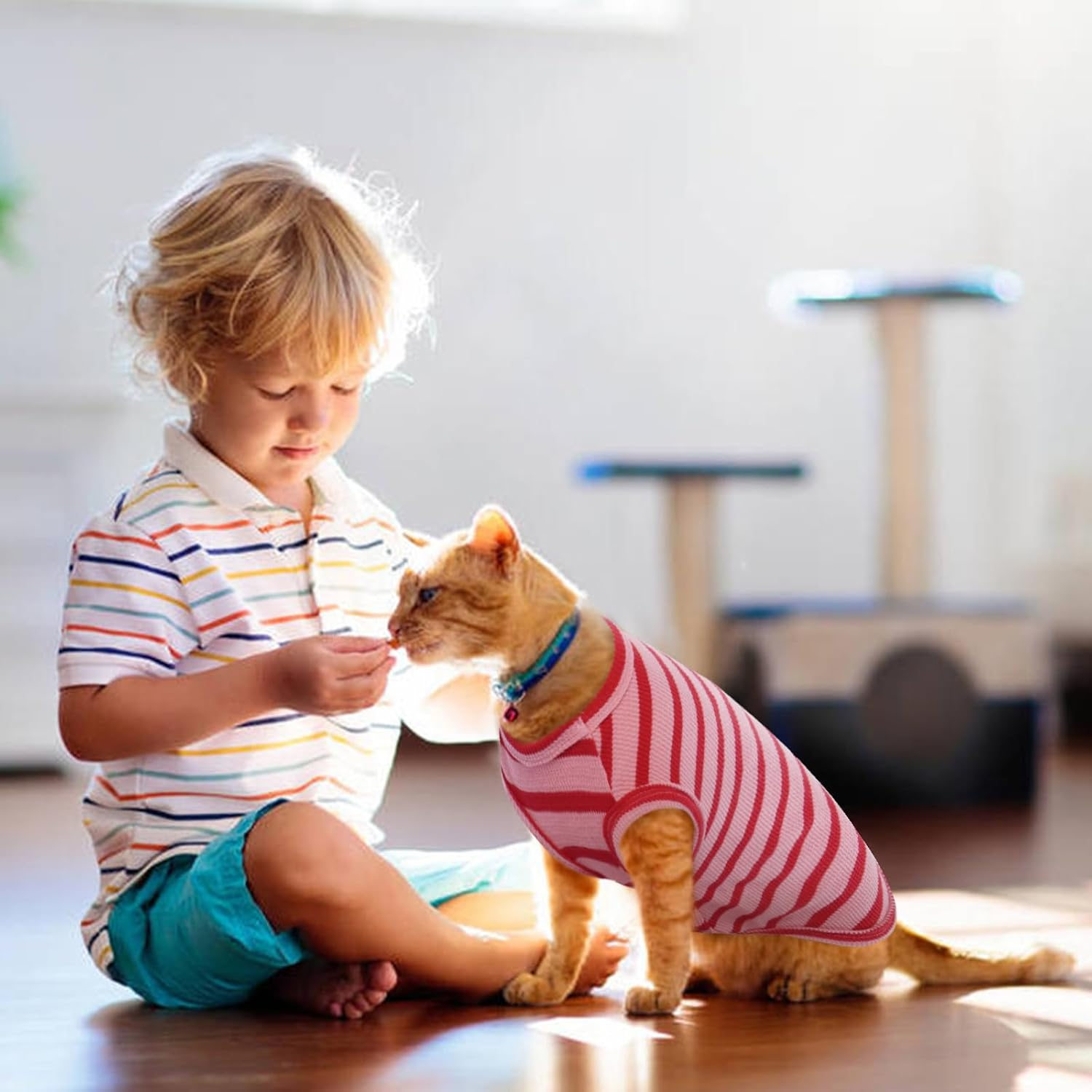 OUOBOB Sphynx Cat Clothes, Breathable Hairless Cat Shirts, Stripe Kitten T-Shirts Sleeveless, Pullover Cat Sweaters, Pet Summer Apparel for Sphynx, Cornish Rex, Devon Rex, Peterbald, Small Dogs image number 5