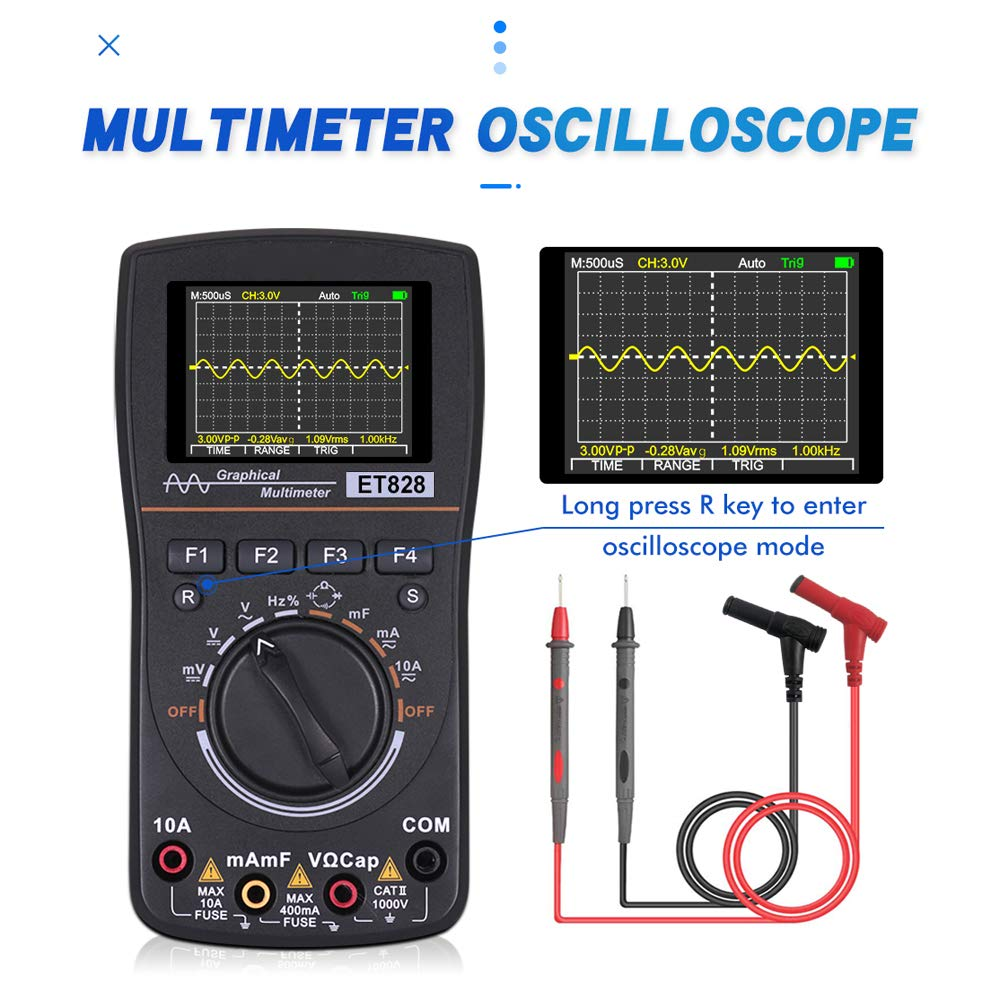 ET828 Intelligent Graphical Digital Oscilloscope Multimeter 2 in 1 with 2.4 Inches Color Screen 1Mhz Bandwidth 2.5Msps Sampling Rate for DIY and Electronic Test image number 3