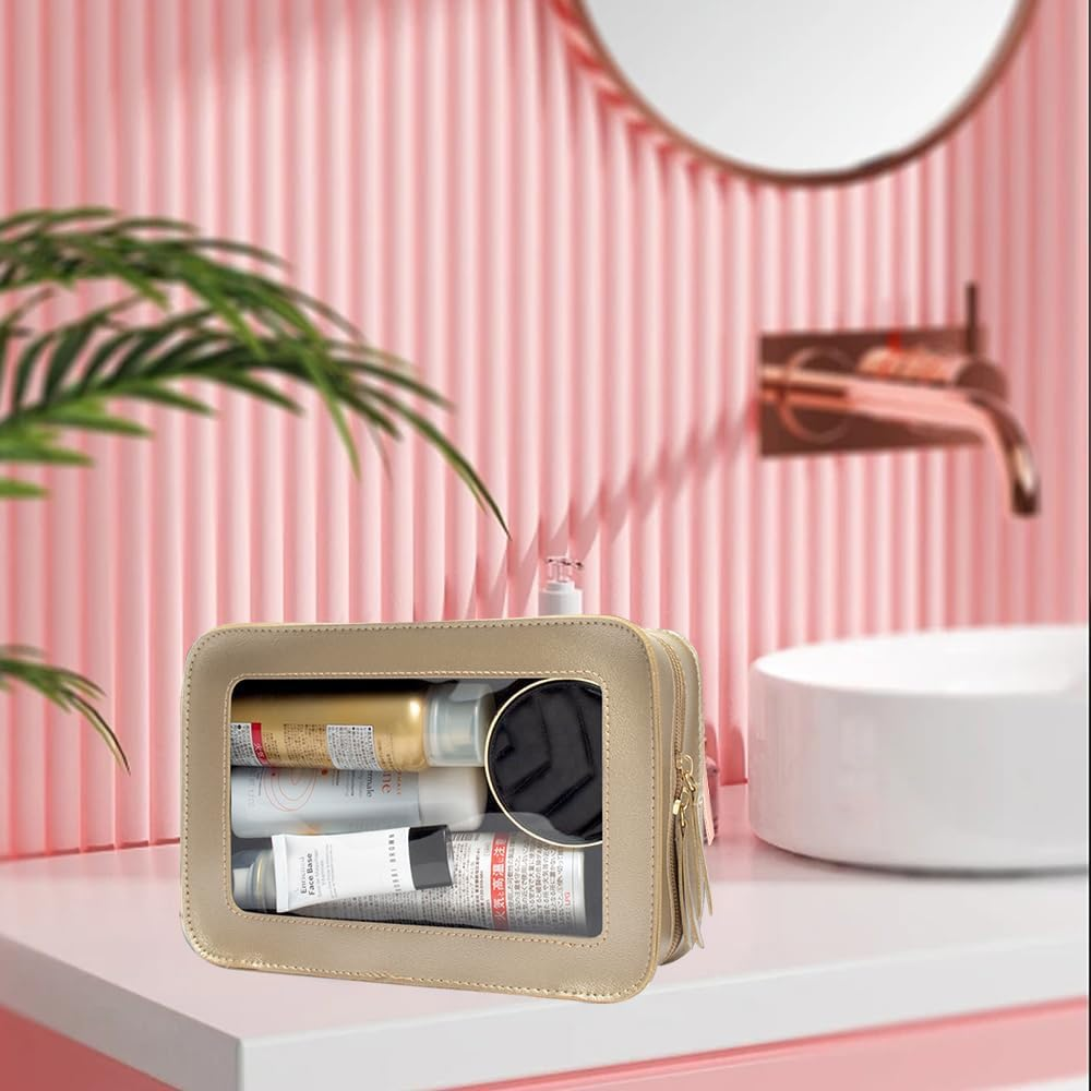 Clear Makeup Bag Small, TSA Approved Portable Toiletry Bag with Zipper Cosmetic Travel Bag Makeup Organizer Case Mini Makeup Pouch for Purse Car Organizer Bag for Women Men, Gold C, Clear Tsa Approved - 1-Black Set image number 7