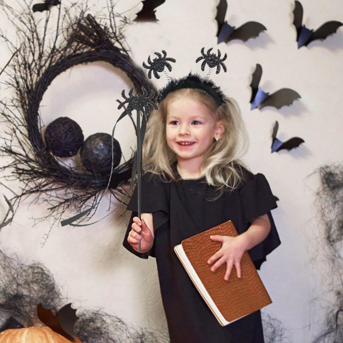 LGZIN Halloween Headband with Magic Wand, Bat Headband, Spider Headband, Bat Accessories, Halloween Spider Hair Band, Bat Ears with Glitter Effect for Carnival, Halloween image number 4