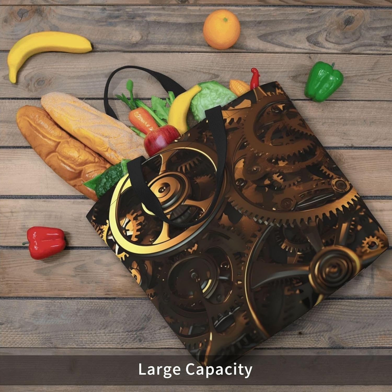 STVYUKL Cool Steampunk Gears Tote Bag for Women Casual Portable Shopping Handbags with Zipper Inner Pocket Reusable Waterproof Beach Grocery Bag for Shopping Travel Work, Black, One Size image number 3