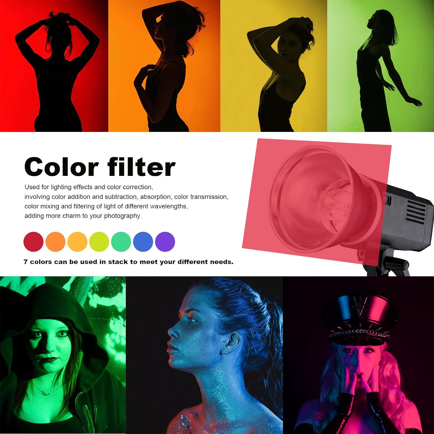 Correction Gel Light Filter, 14 Pack Colored Overlays Transparency Color Film for Photo Studio Light Video Photography Strobe, 7 Assorted Colors(29.7X21Cm) image number 3