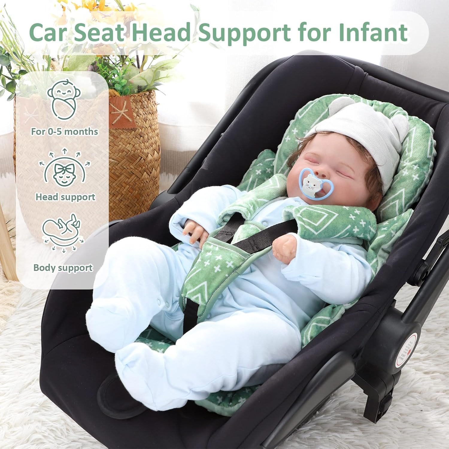 TANOFAR Car Seat Head Support Baby - Infant Car Seat Insert for Newborn Girls Boys - Soft Carseat Head Support for Infant - Newborn Carseat Insert for Car Seats, Strollers, Swings, Bouncer (Green) image number 6