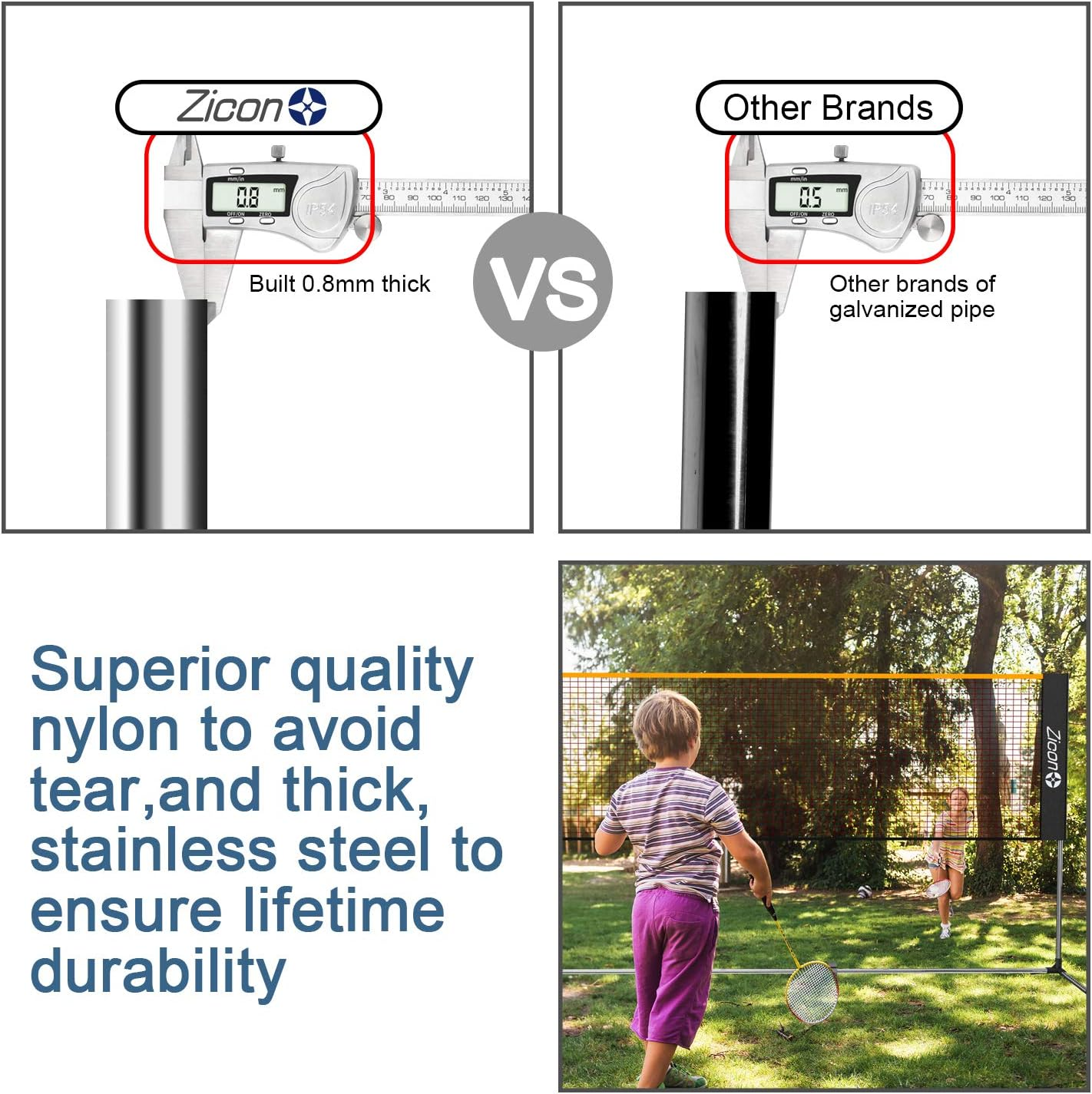 Portable Tennis Net,Stainless Steel Poles Badminton Net Set &ndash;Adjustable Height Nylon Net with , Carry Bag, for Kids Volleyball, Pickleball,Soccer, Indoor, Outdoor Court, Backyard, Beach, Driveway