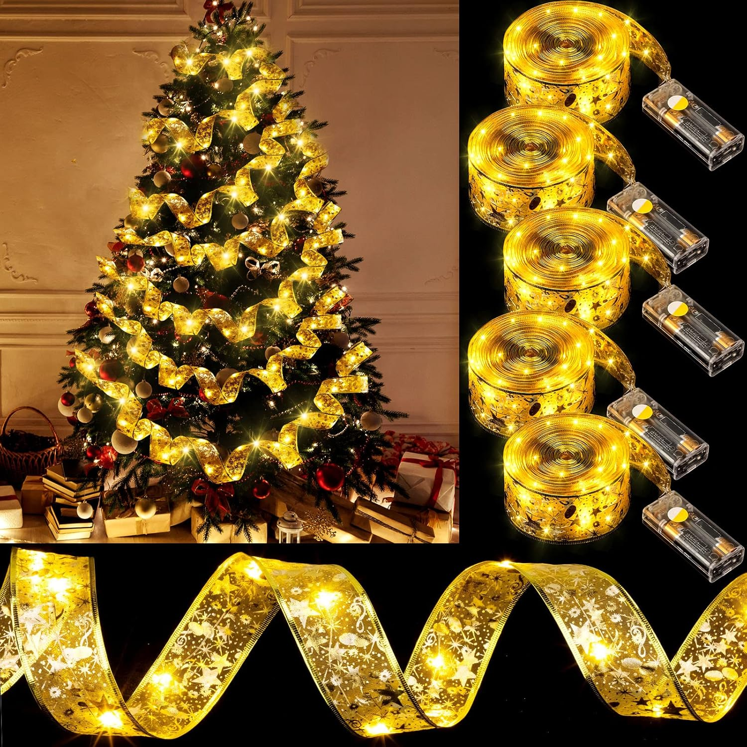 Tuanse 5 Piece 82FT Christmas Ribbon Lights 250 LED Glow Ribbon Strings Lights Shining Ribbon Fairy Lights with Double Layer Copper Wire for Xmas Tree Indoor Outdoor Decor (Gold, Warm Light)