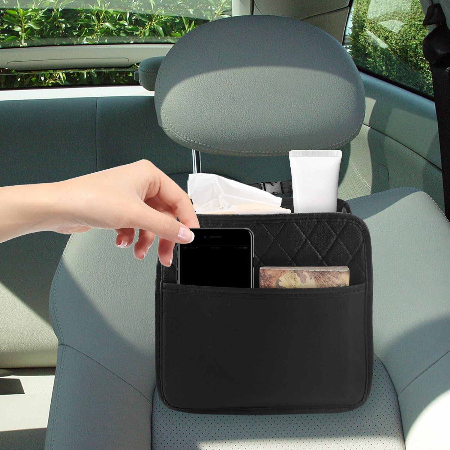 Car Seat Back Organizer, PU Leather Car Seat Storage, Hanging Back of Seat Car Organizer, Car Seat Organizer for Most Vehicles (Black) image number 2