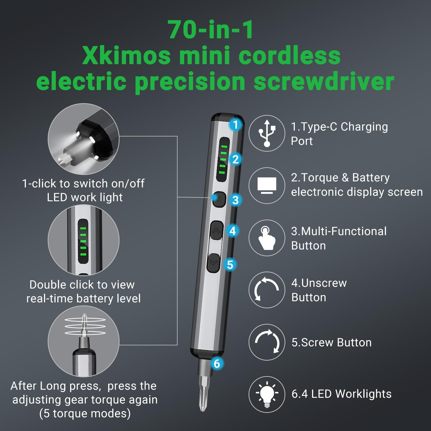 Mini Electric Screwdriver Set,70 in 1 Precision Screwdriver Set,5 Torque Settings, 64 S2 Magnetic Bits, 4 LED Lights, Grey, Cordless, Battery Powered image number 1