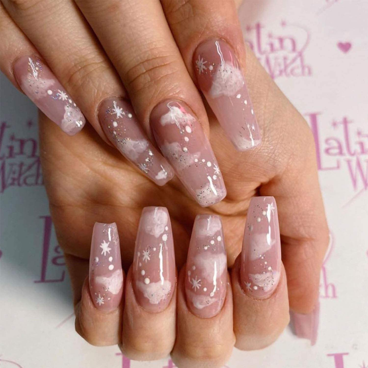 24PCS Nude Cloud Press on Nails,Long Coffin Fake Nails Nude Cloud Ballerina Nail Tips for DIY Nail Art Salon Women Girls image number 2