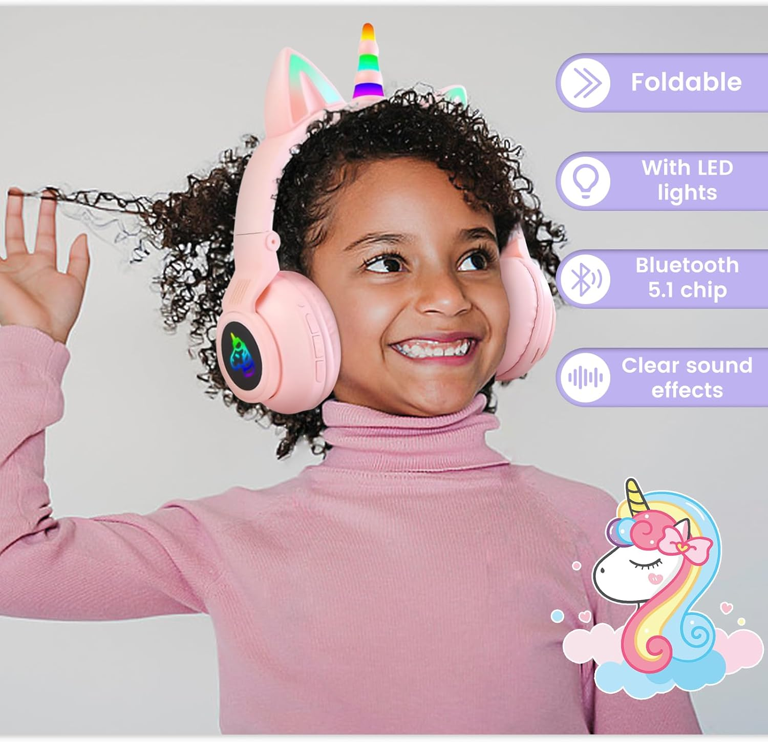 OHAANYY Wireless Headphones for Children, Headphones Bluetooth Unicorn Foldable, Girls with Cable and Microphone Headphones Children with LED Light Stereo Headphones for Mobile Phone/Tablet/Pc (Pink) image number 4