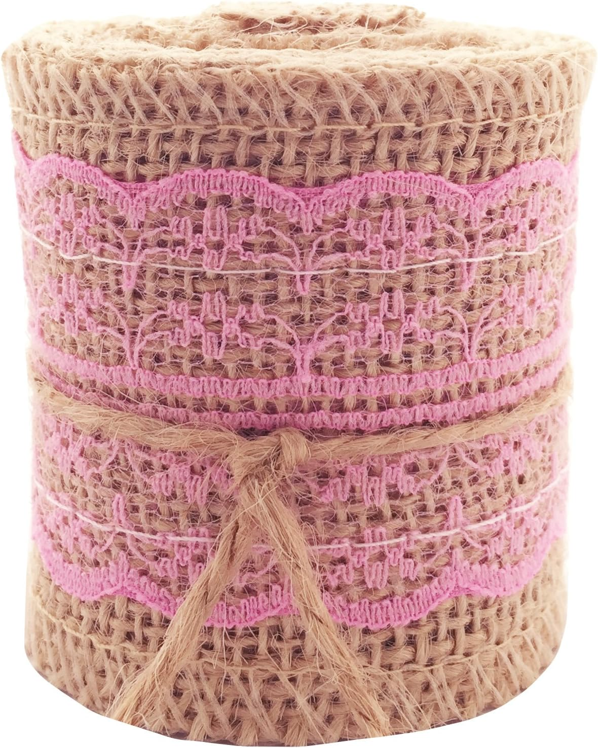 LWR CRAFTS Natural Burlap Ribbon with Lace (Pink)