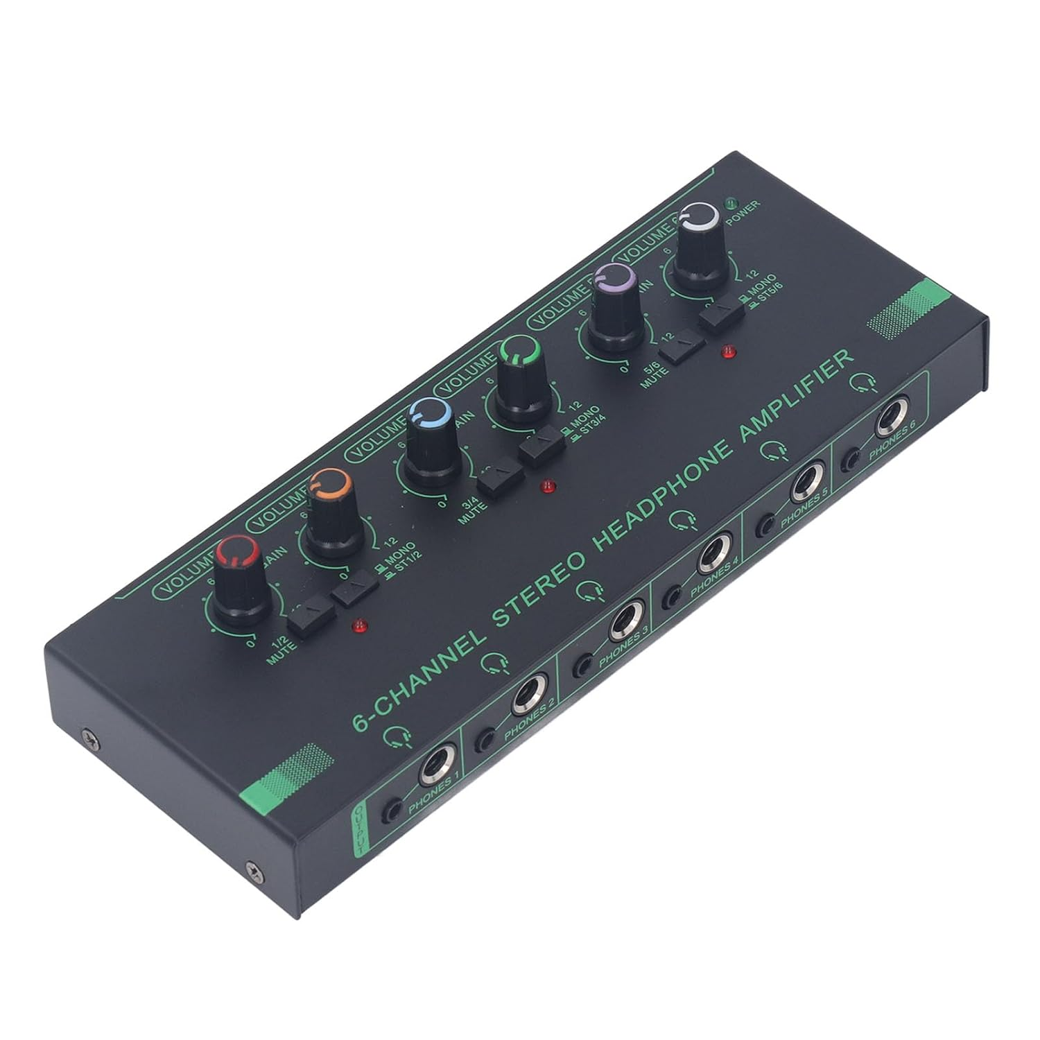 Headphone Amplifier 6 Channel, Aluminum Alloy 1 in 6 Out Stereo Audio Amplifier,Mini Earphone Splitter with Type C Power Supply, 3.5Mm X 6 6.35Mm X 6 Output Jack for Mic