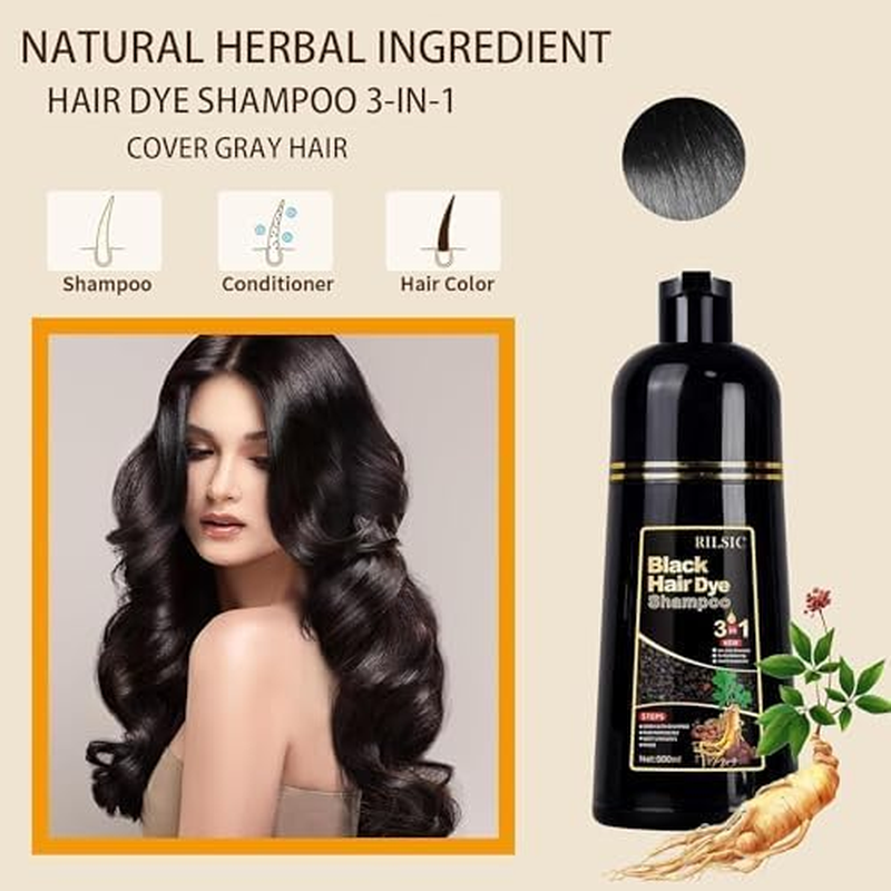 Hair Dye Shampoo 3 in 1, 500ML Instant Hair Color Shampoo for Grey Hair Coverage, Hair Colour Shampoo - Long Lasting - Black Hair Dye Cororing in Minutes for Men Women(Black, 500ML)