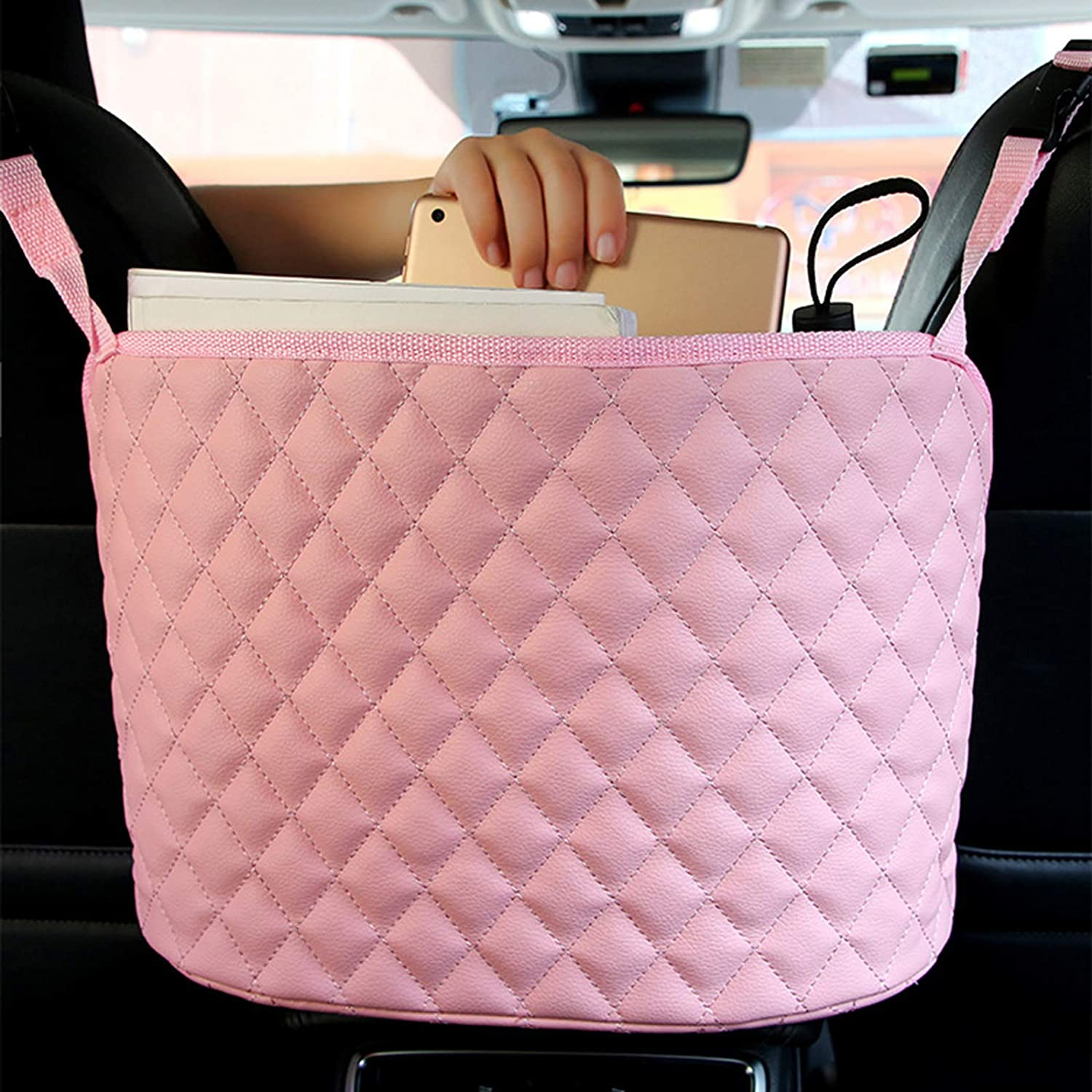 Purse Holder for Car Durable Pu Leather Car Net Pocket Car Seat Storage Net Handbag Driver Storage Netting Pouch Seat Back Net Bag Backseat Pet Kids Barrier (Pink)