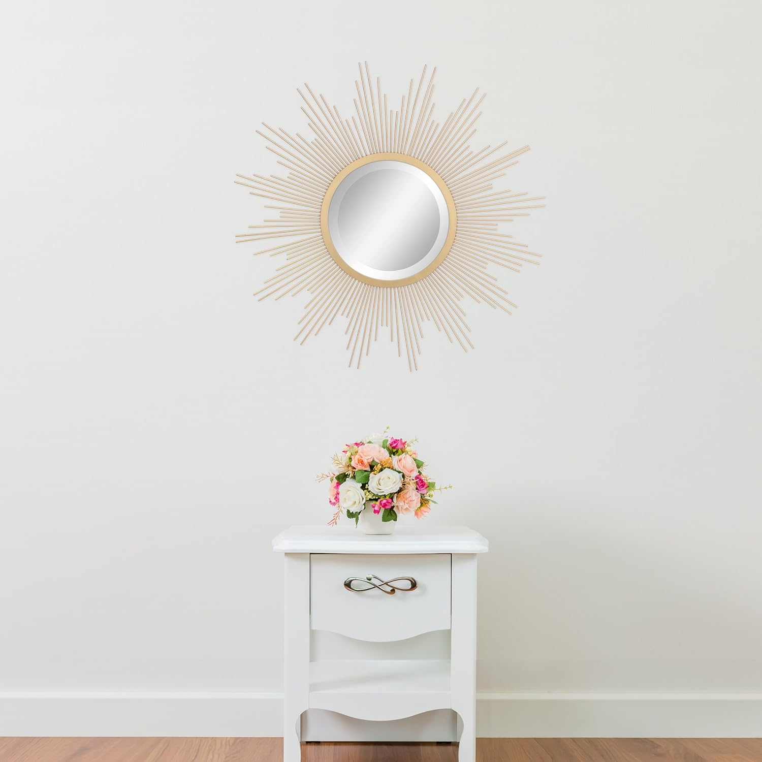 Stonebriar round 23" Antique Gold Metal Starburst Hanging Wall Mirror with Attached Mounting Bracket, Decorative Decor for the Living Room, Bedroom, Bathroom, Hallway, and Entryway image number 5