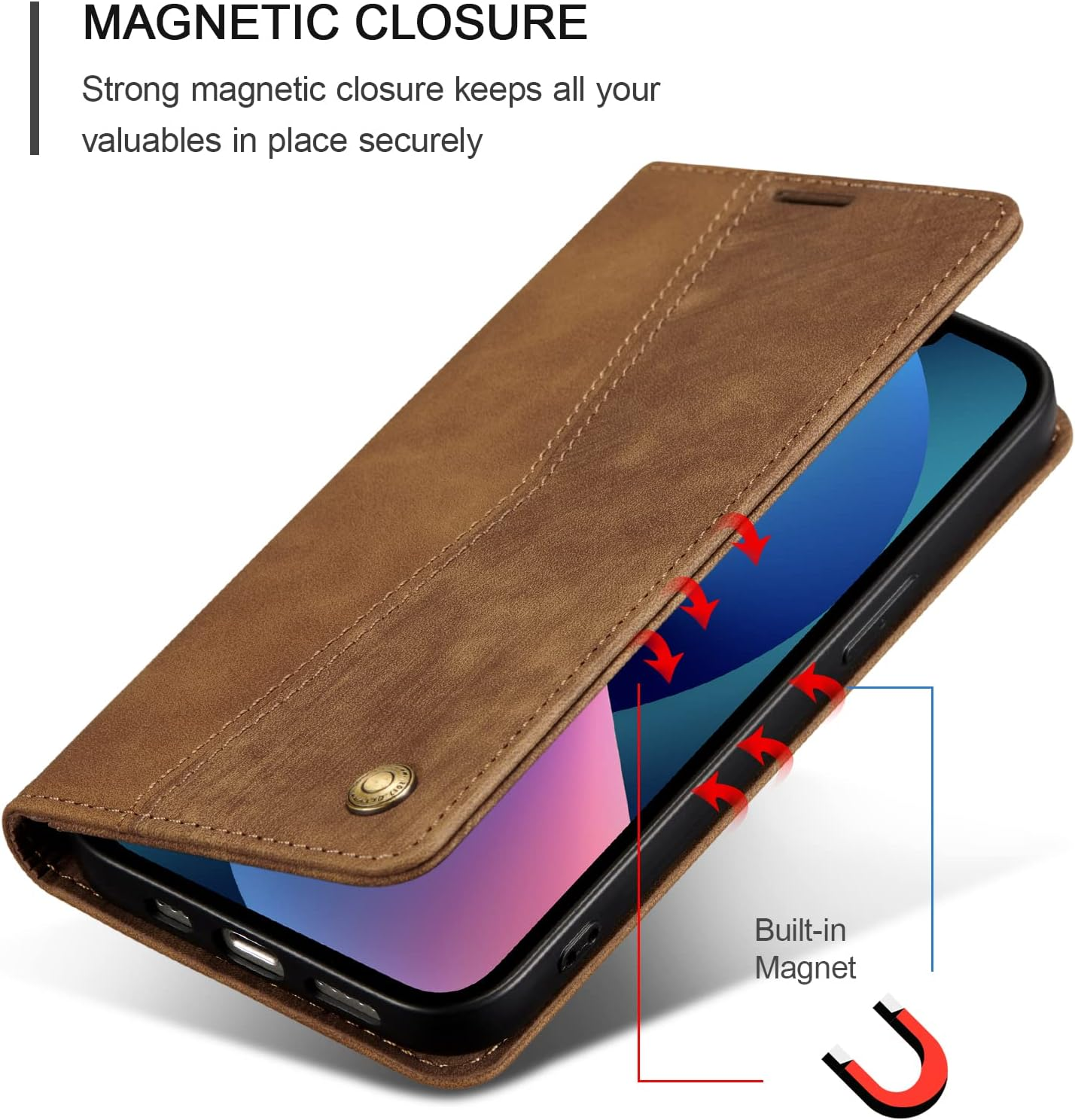 QLTYPRI Wallet Case for Iphone 14 6.1 Inch, Vintage Folio PU Leather Case with Card Slots Magnetic Closure Kickstand Flip Crashproof Phone Cover for Iphone 14 -Brown image number 6