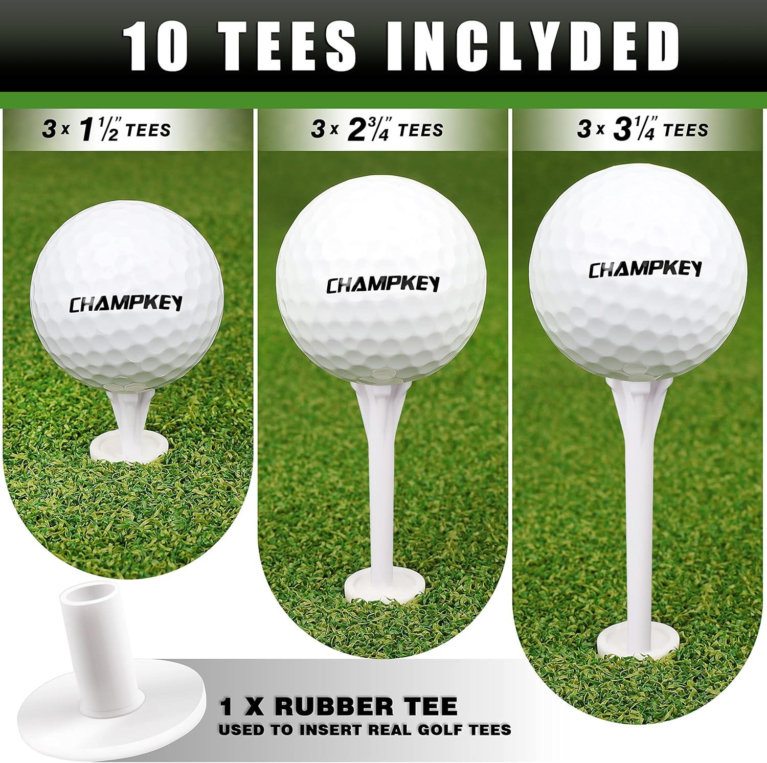 CHAMPKEY Dual-Turf Golf Hitting Mat | 9 Golf Tees & 1 Rubber Tee | Heavy Duty Rubber Backing Golf Practice Mat | Green Nylon Foldable Mat with 9 Holes image number 3