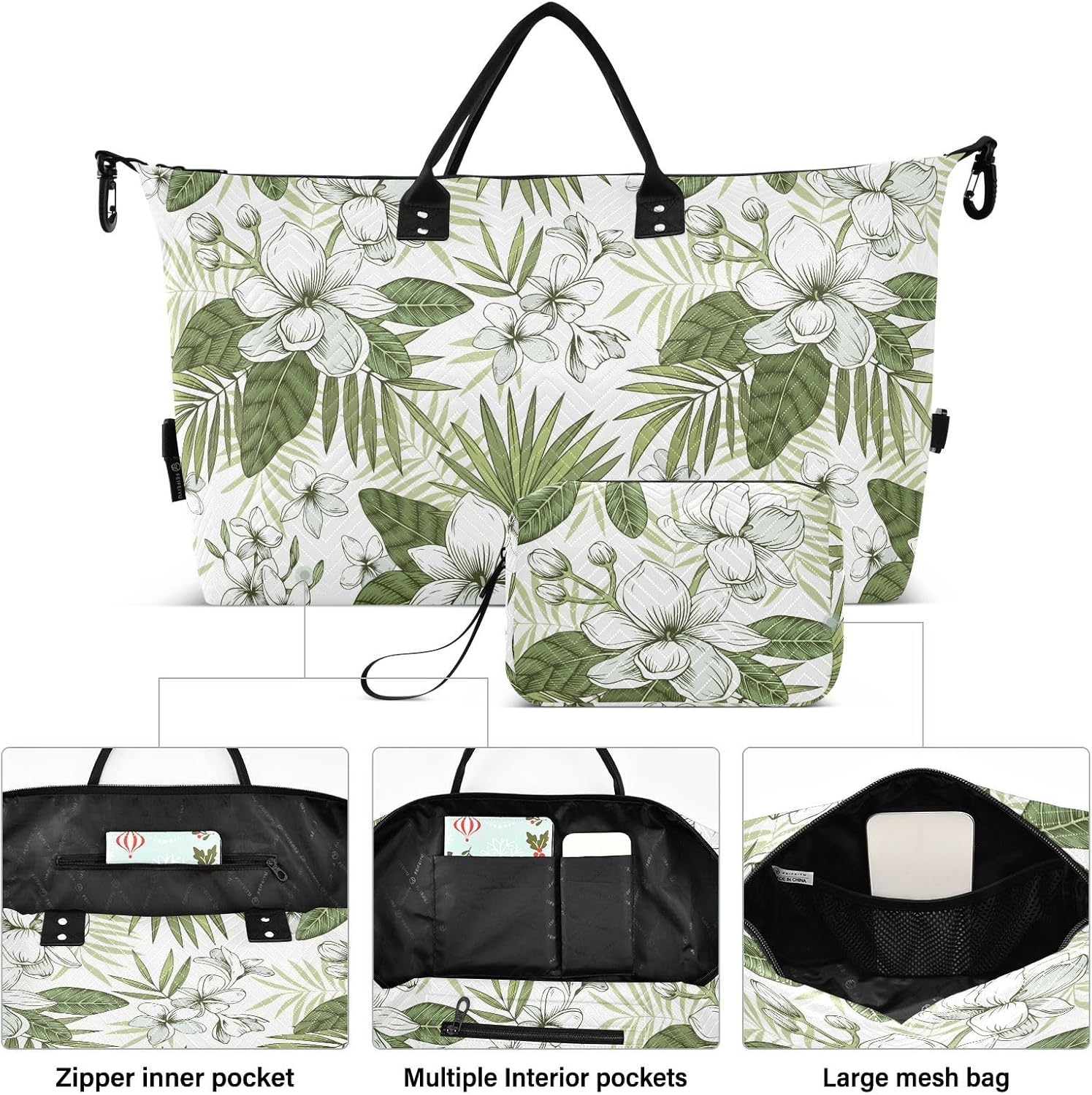 Large Bag Weekender/Overnight Duffel Tropical Flower White Jasmine Frangipani Sports Duffel Bags With, Tropical Flower White Jasmine Frangipani, Set of 2, Art Deco