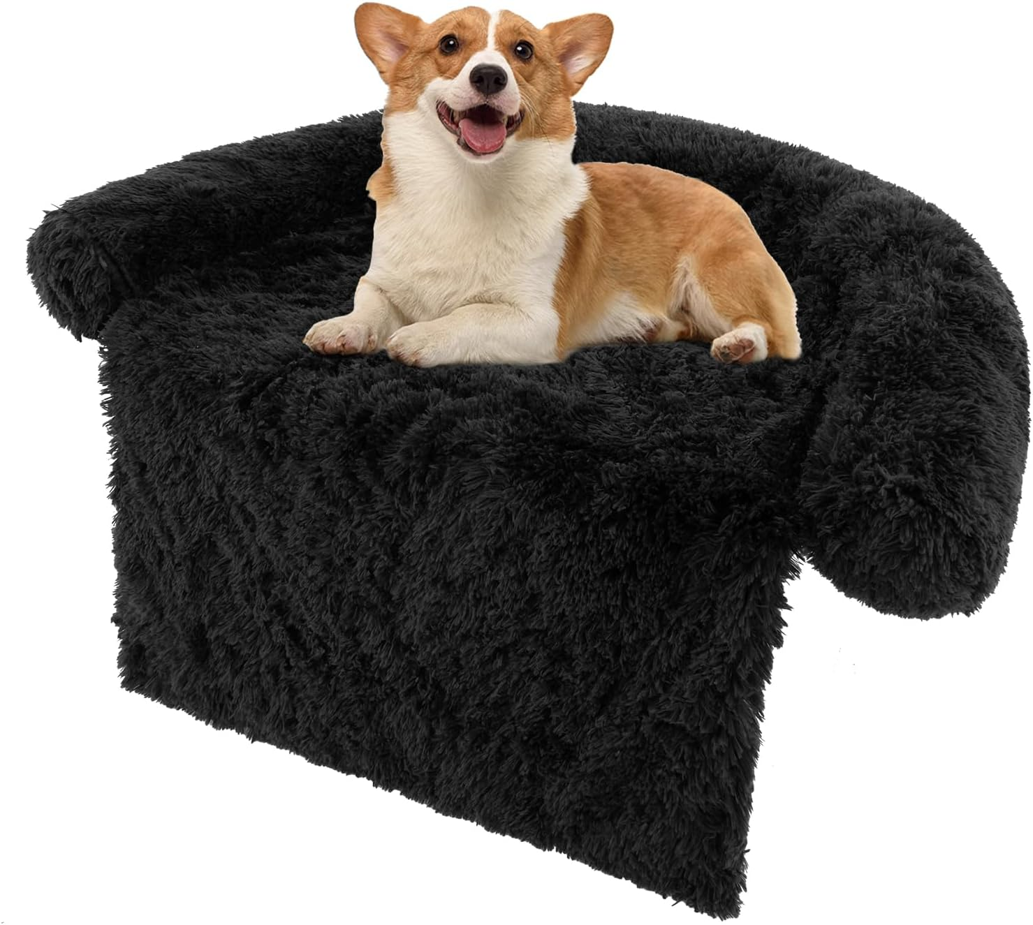Costway Plush Calming Dog Couch Bed, Dog Sofa Bed for Furniture Protector W/Anti-Slip Bottom, Detachable Washable Cover, Soft Neck Bolster, Plush Mat for Small/Medium/Large Dogs & Cats (Black-M)