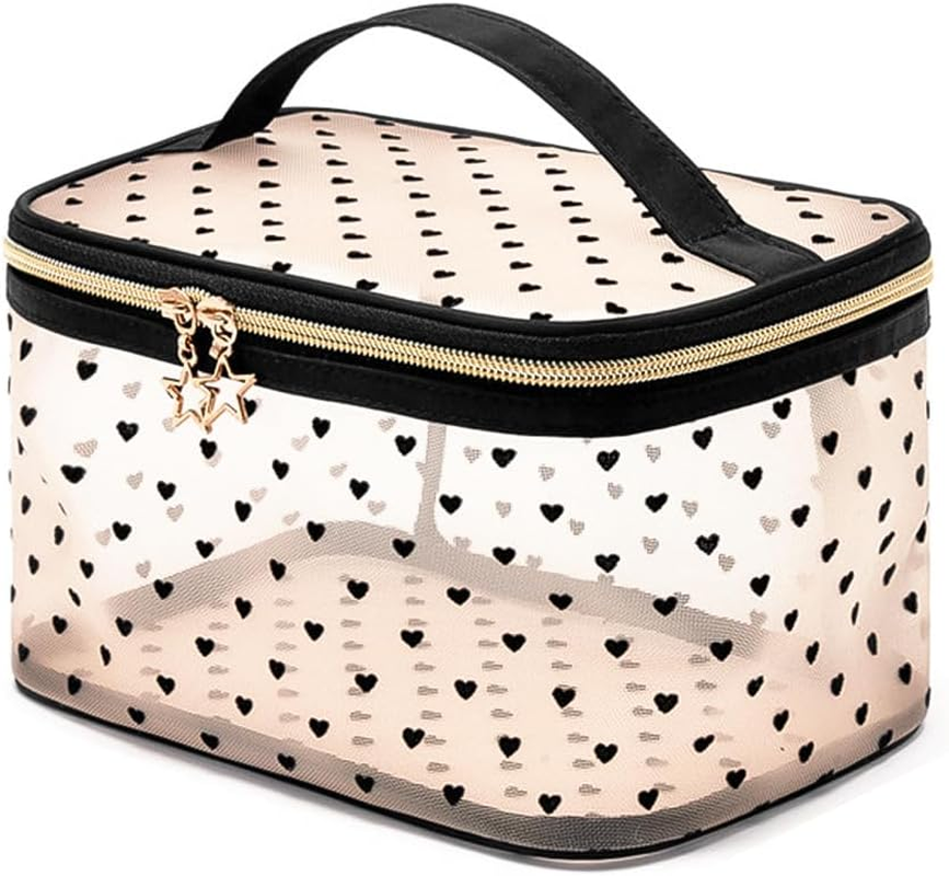 Set of 2 NUZAMAS Mesh Cosmetic Bag Heart Pink Portable Makeup Pouch Travel Toiletry Bag Mini Zipper Mesh Pouch Makeup Organizer for Home Office Travel Women Girls