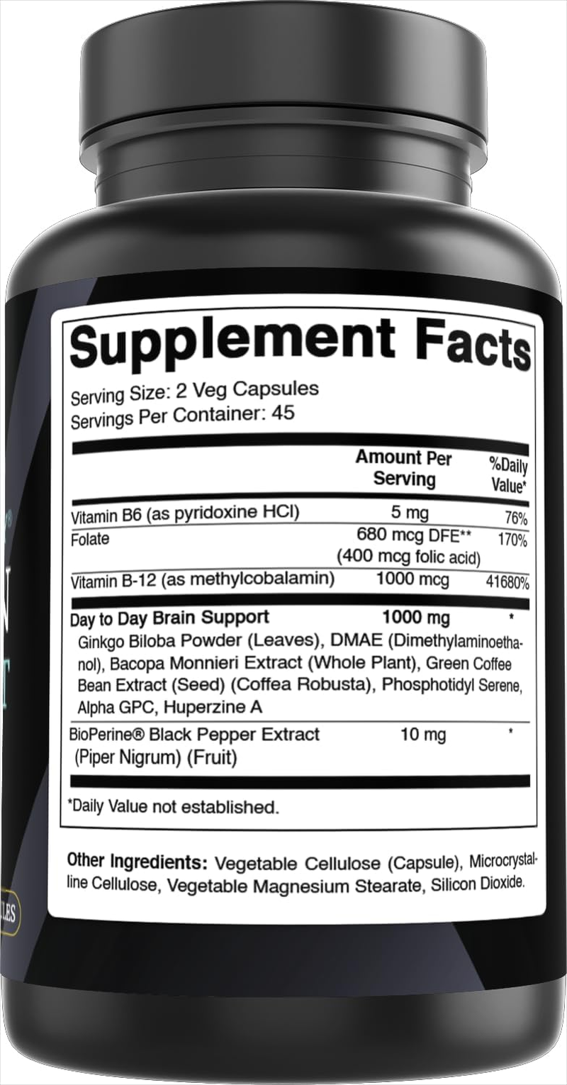 Best Naturals Day-To-Day Brain Support Supplement with Ginkgo Biloba, DMAE, Bacopa, Green Coffee, Phosphotidyl Serene, Alpha GPC, Huperzine A, Folate, B6, & B12 90 Veg Capsules image number 3
