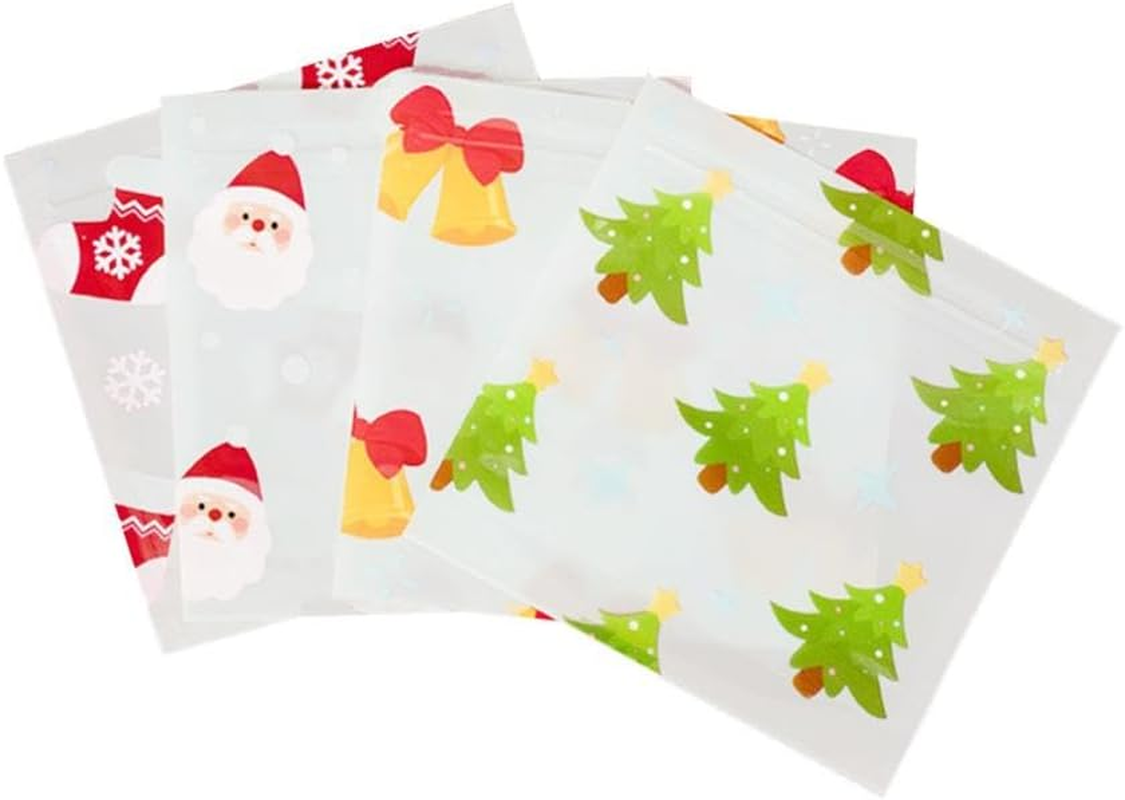 NIXNUT 50Pcs Christmas Candy Cookie Bag Treat Gift Bag with Zip for Party Baking Food Dessert Package Homemade Crafts Cute Patterns image number 1