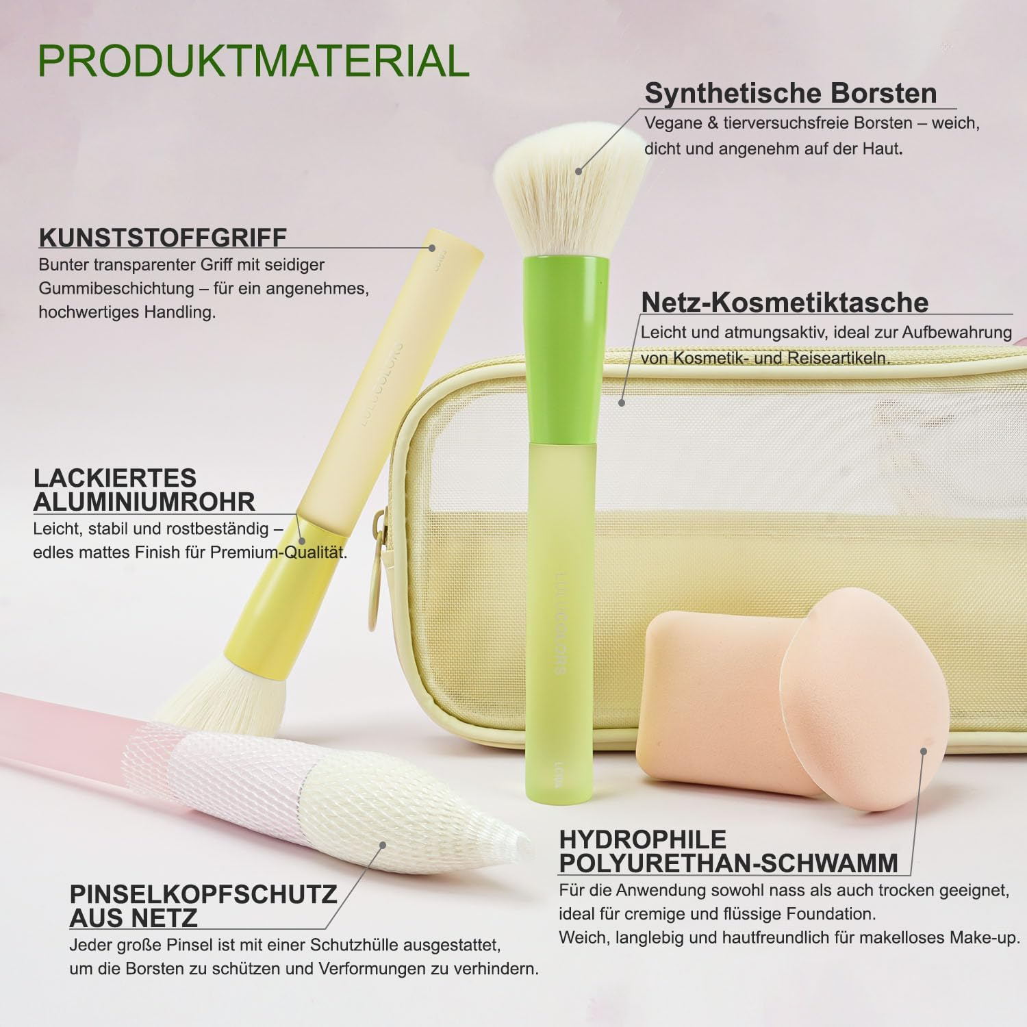 LULUCOLORS Makeup Brush Set 18 Pieces - Soft Vegan Makeup Brushes with Beauty Sponges, Colourful Handles & Aluminium Ferrule, Skin-Friendly, Includes Storage Bag & Gift Box image number 4