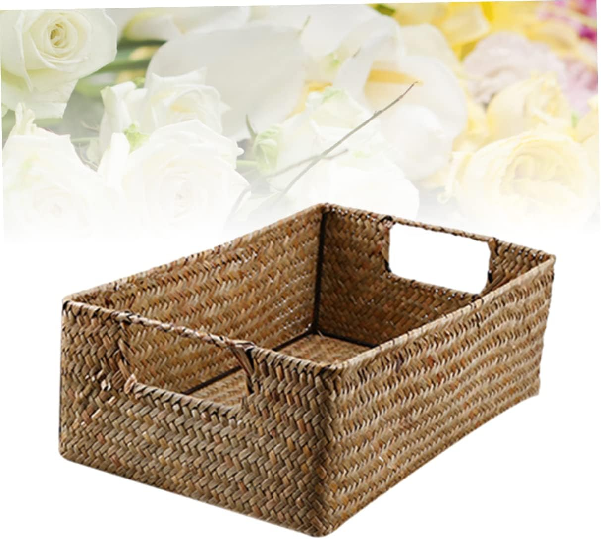 Hohopeti Hand-Woven Seaweed Storage Basket 33X23X11Cm Rectangular Sundries Organizer Yellow Vintage Style Household Storage Box for Toys and Cosmetics image number 5