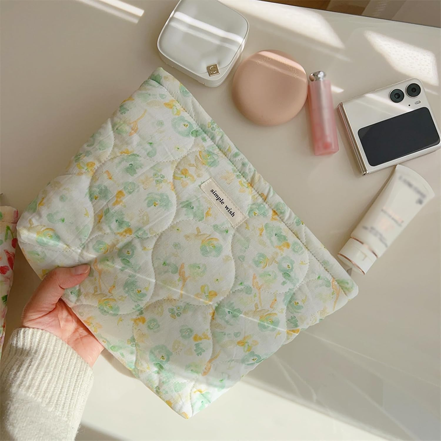 2 Pcs Floral Makeup Bag Large Travel Cotton Quilted Cosmetic Makeup Bag Organizer, Cute Coquette Aesthetic Zipper Portable Pouch Purse Storage Toiletry Bag for Women Girls Accessories, L-Green image number 6