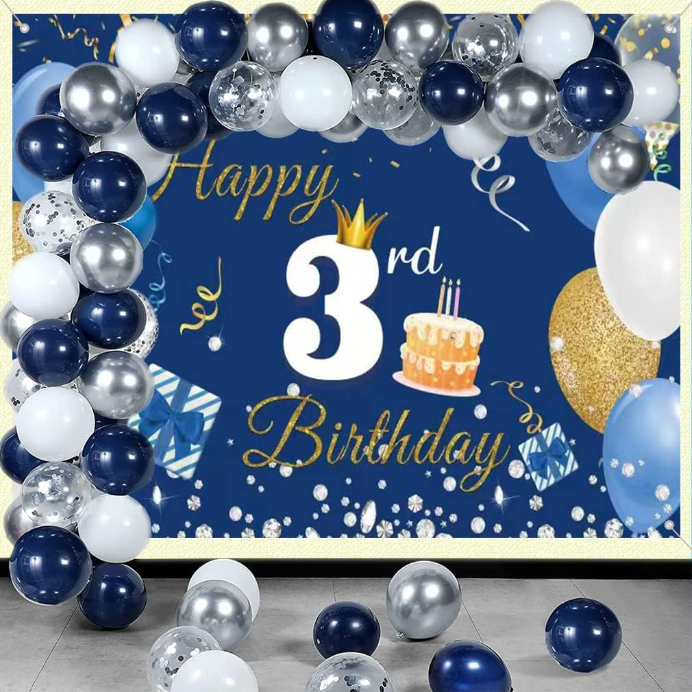 3Rd Birthday Decorations Happy 3Rd Birthday Backdrop Banner for Boys/Girls Happy 3 Years Old Fabric Sign Poster, Blue Photography Background Third Birthday Party Table Decoration, 59"X35.4" image number 4