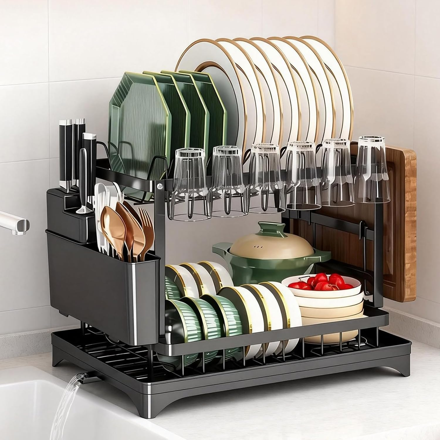 2 Tier Large Dish Drying Rack, Dish Drying Racks for Kitchen Counter Large Capacity Double-Layer Dish Drying Rack - with Knife/Utensil & Cutting Board Holder, Drainage Tray(Black) image number 4