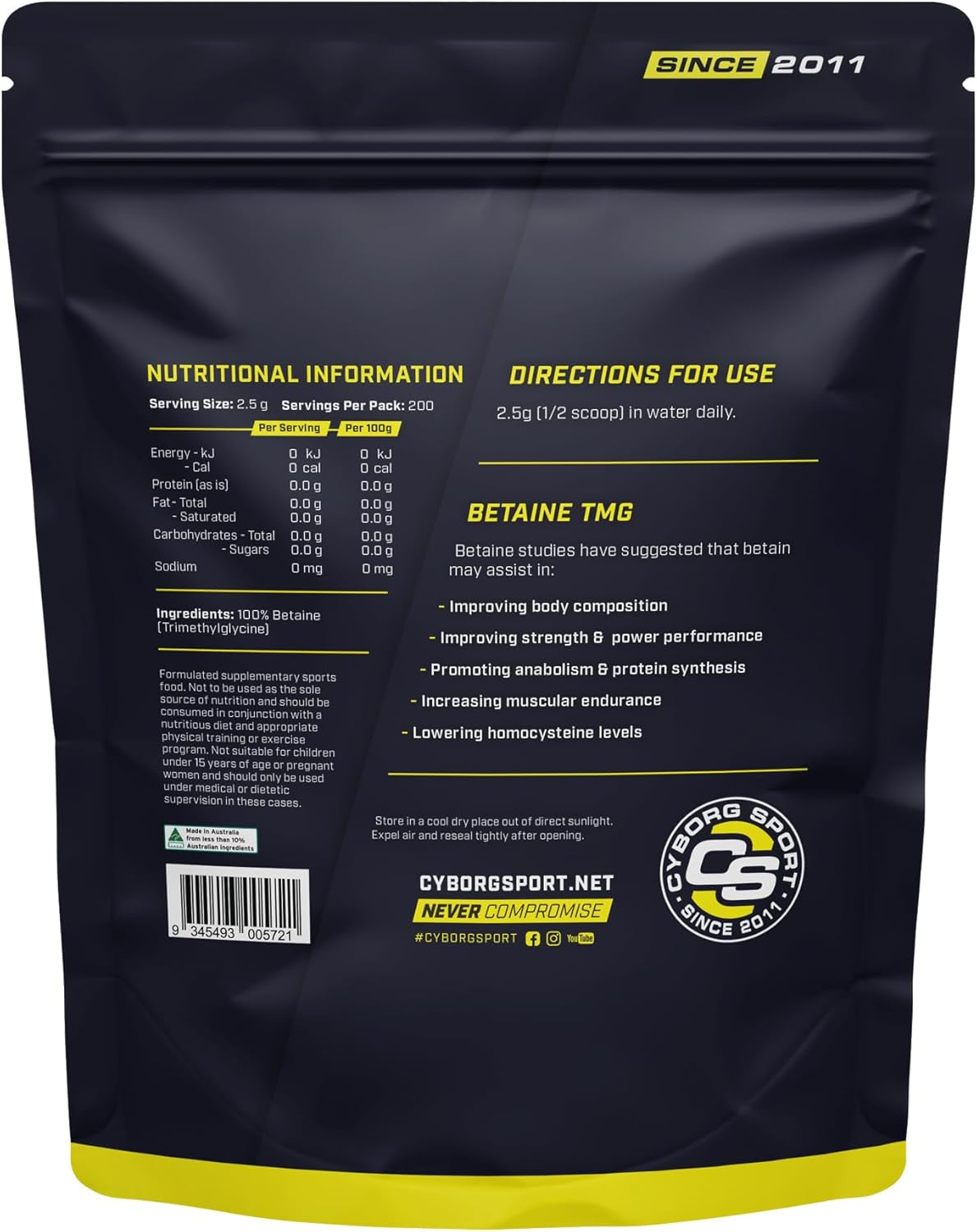 BETAINE TMG 500G - 7 Months Supply - Strength - Power - Muscle - Endurance by Cyborg Sport image number 2