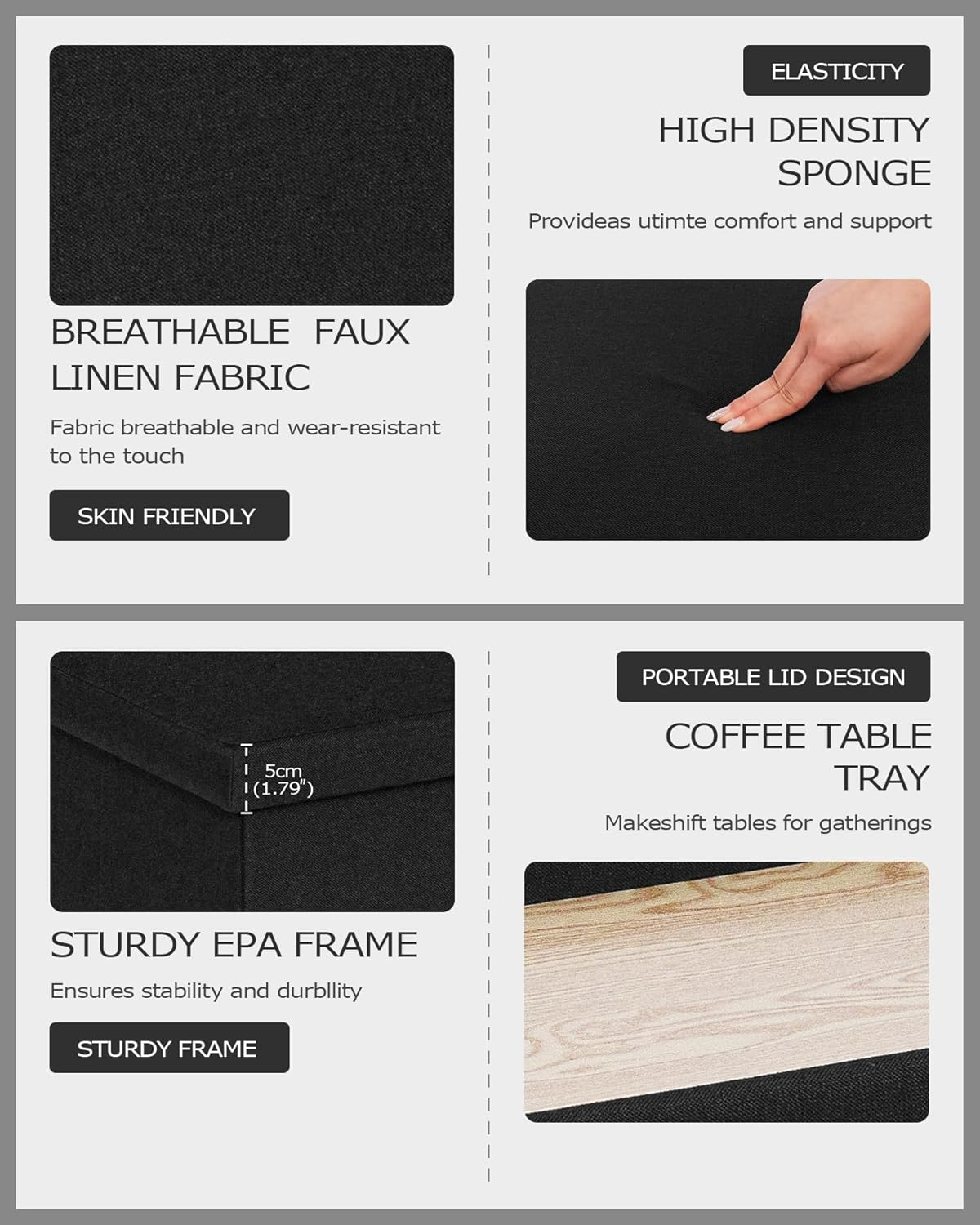 PINPLUS Folding Storage Bench, 30 Inches Ottoman Coffee Table Cube Chair Foot Rest Stool Storage Toy Chest for Living Room Bedroom, Holds up to 550 Lb (Black) - Gray image number 3