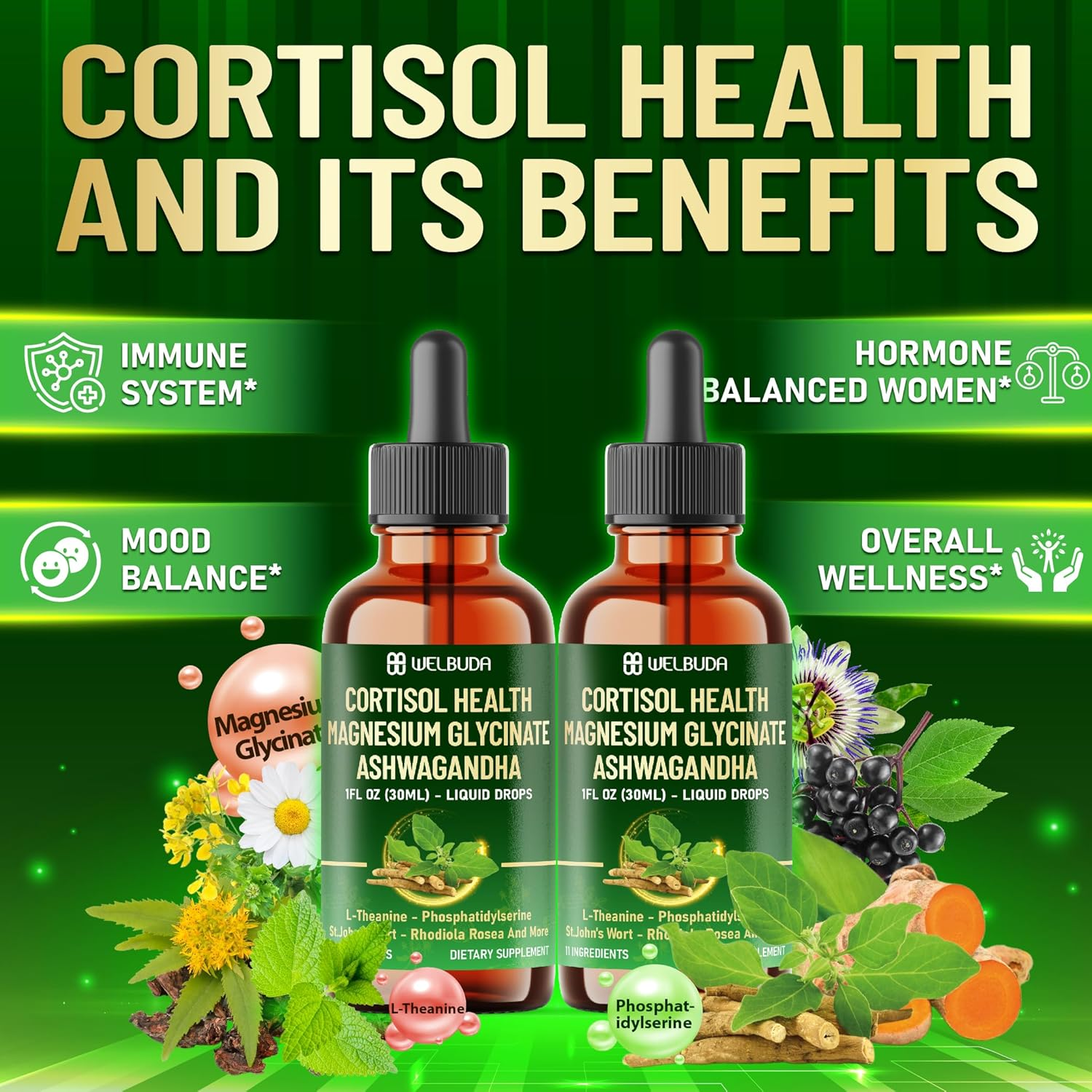 11In1 Cortisol Liquid Supplement with Ashwagandha, Magnesium Glycinate Chelate, L-Theanine, Phosphatidylserine, St.John'S Wortl-Theanine and More - Mood Balance - 1 FL Oz - 30 Day image number 3