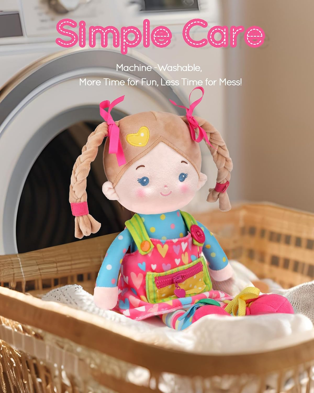 Leyadoll Educational Soft Baby Doll(16''), Learning Sensory Doll for Toddlers, Montessori Toys for 2-Year-Old Girls Christmas, Birthday Gifts, Plush Doll with Zipper, Shoelace, Button-Busy Sweetheart - Jucy Girl-Pink image number 7