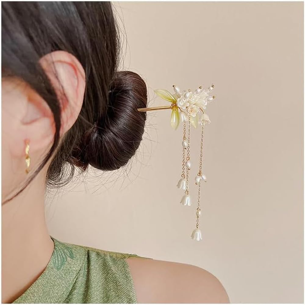 Chinese Hair Fork,Flower Hair Sticks,Elegant Simple Magnolia Pearl Hairpins for Ancient Style Beaded Braided Hairpins Chinese Hair Fork image number 4