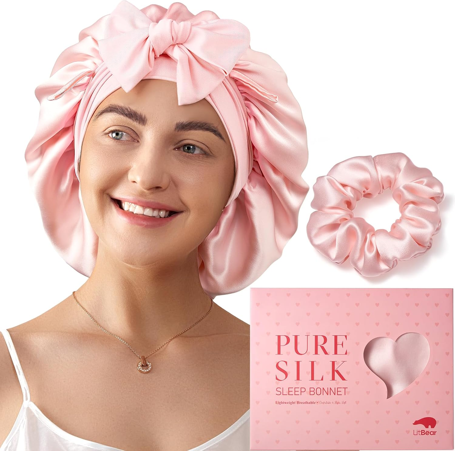 Litbear 100% Mulberry Silk Bonnet for Sleeping Women, 6A 22 Momme, Large Double-Layer Hair Wrap with Tie Band, Non-Slip Turban, Includes Silk Scrunchie image number 3