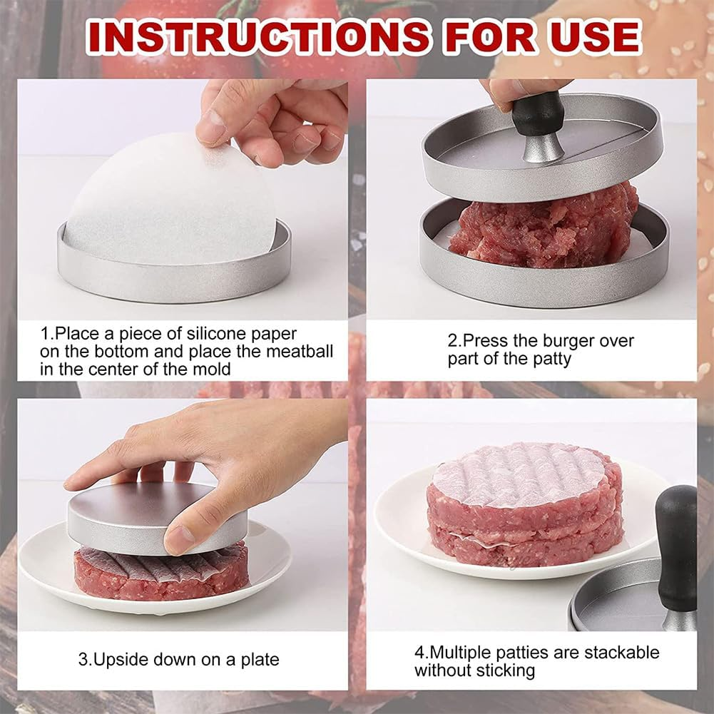 Non-Stick Aluminum Burger Press with 100Pcs Patty Papers, Aufondof 4.5 Inch Hamburger Patty Maker Mold, Hamburger Press Patty, Burger Mold Rings Easy Release for Meat, Beef, Veggie Burger, BBQ image number 1