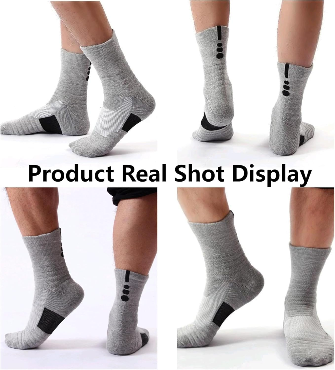 3 Pack Men'S Sports Running Socks - Thick Cushioned Crew Socks for Basketball & Tennis | Non-Slip Arch Support | Sweat-Wicking Black/Grey/White (One Size) image number 5