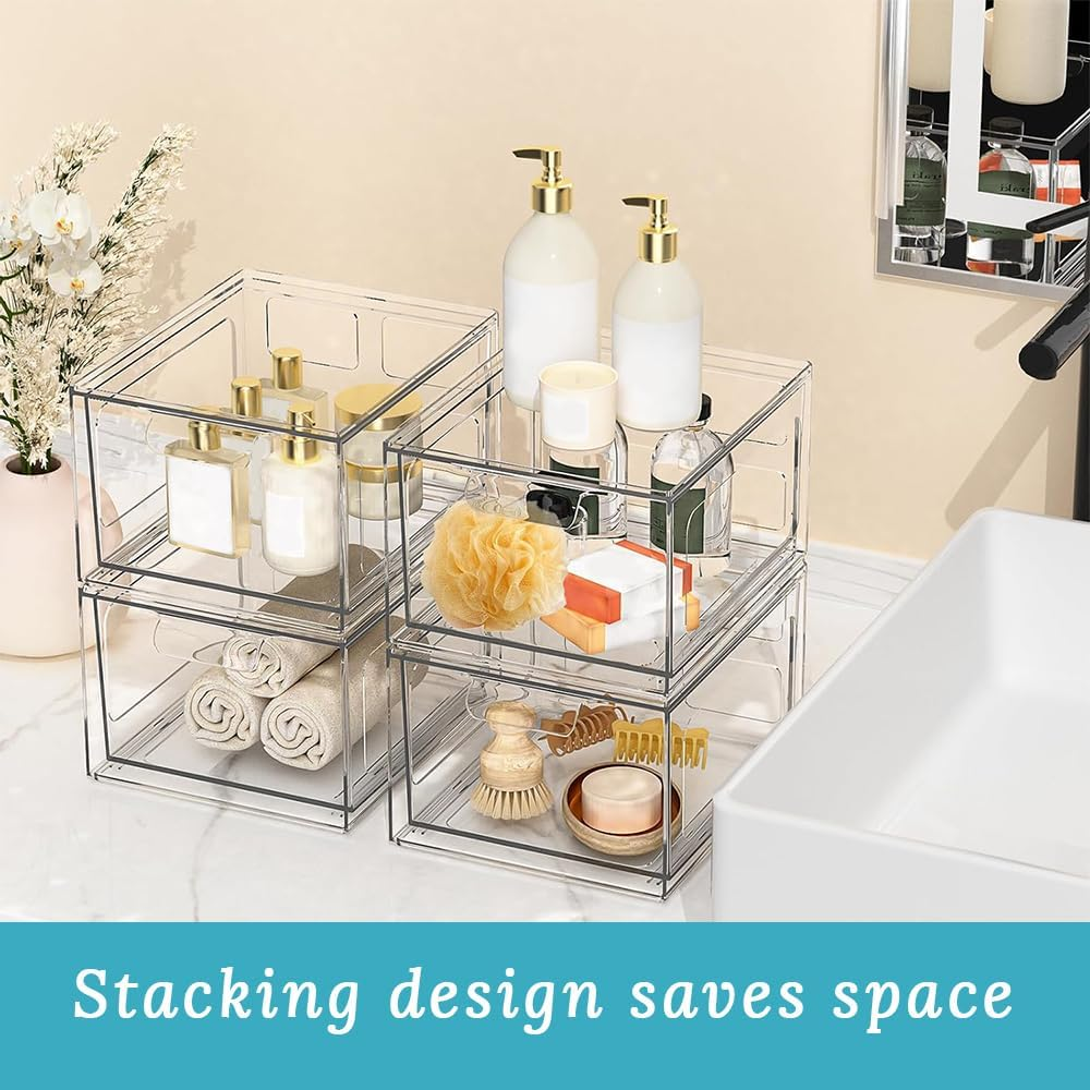 GUDAJIN 4-Pack Stackable Makeup Storage Drawers, Clear Acrylic Drawer Organizers Plastic for Makeup, Office Storage, Art Supplies, Jewelry, Stationery image number 1