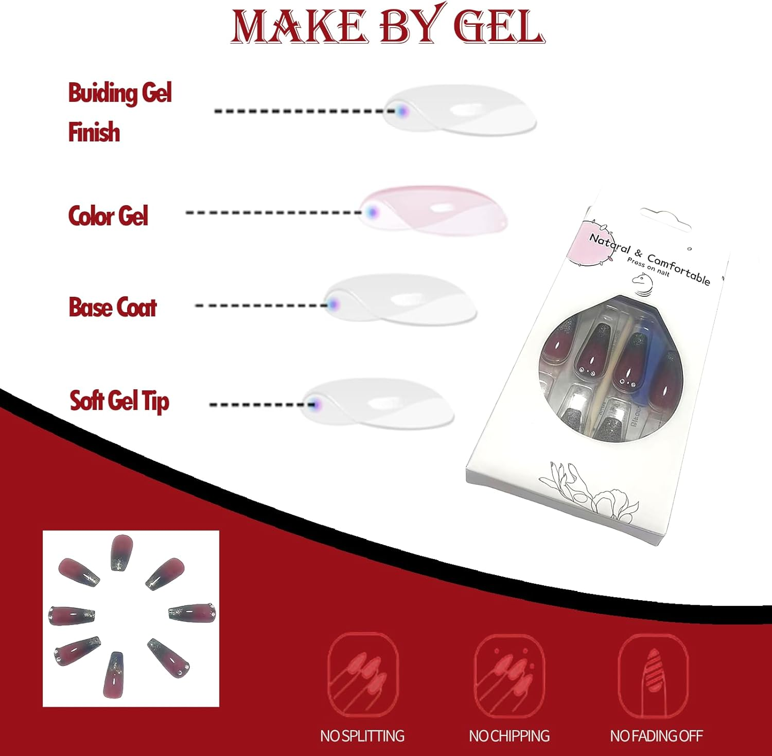 ＴＩＺＹＦＦ Press on Nails, Gold Glitter Black and Red Gradient Fake Nails, Artificial Nails for Women and Girls -24 Pcs image number 2